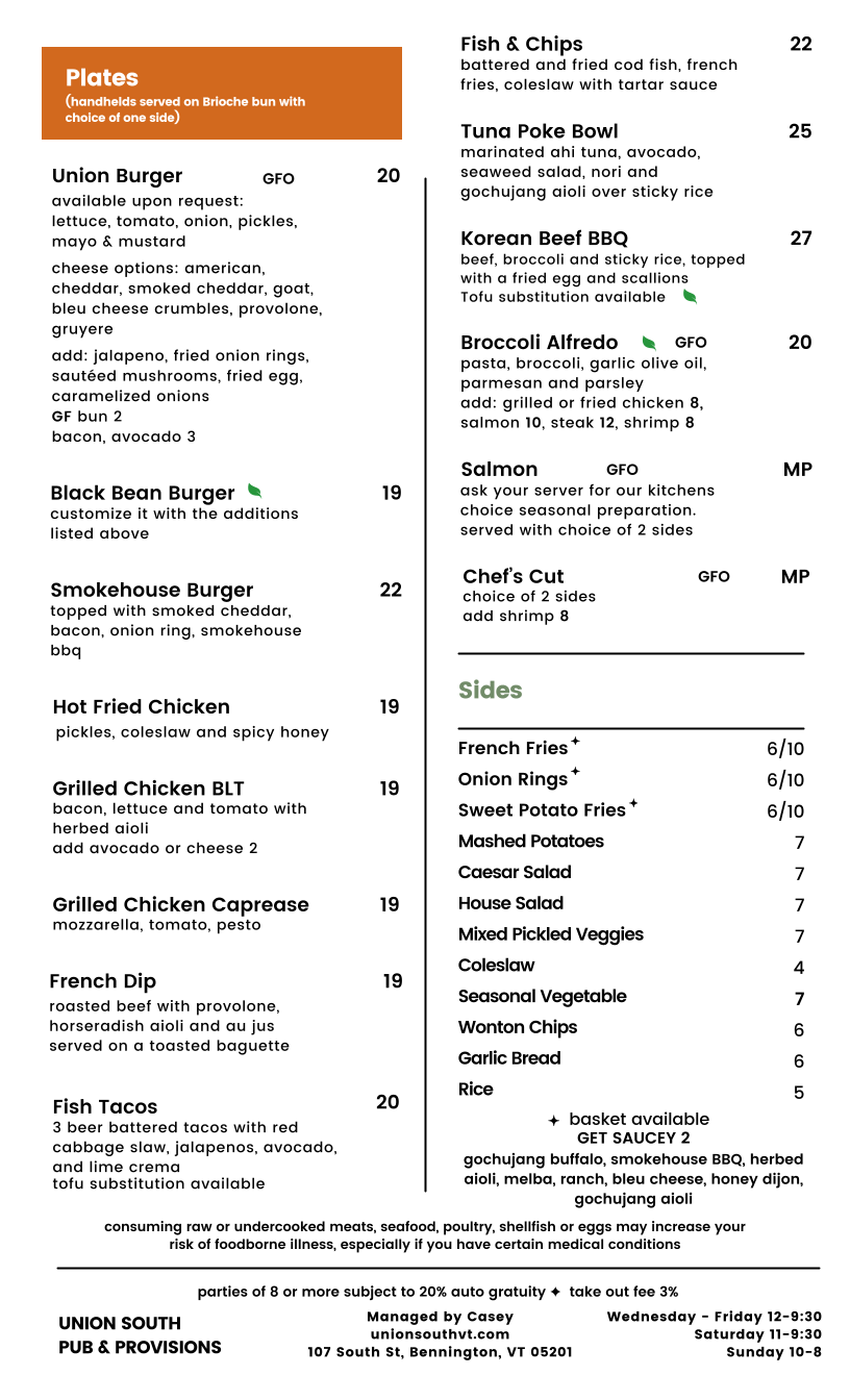 Union South Bar & Provisions Menu