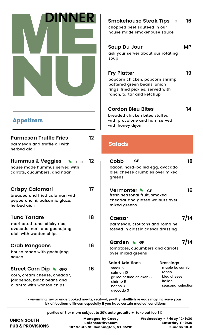 Union South Bar & Provisions Menu
