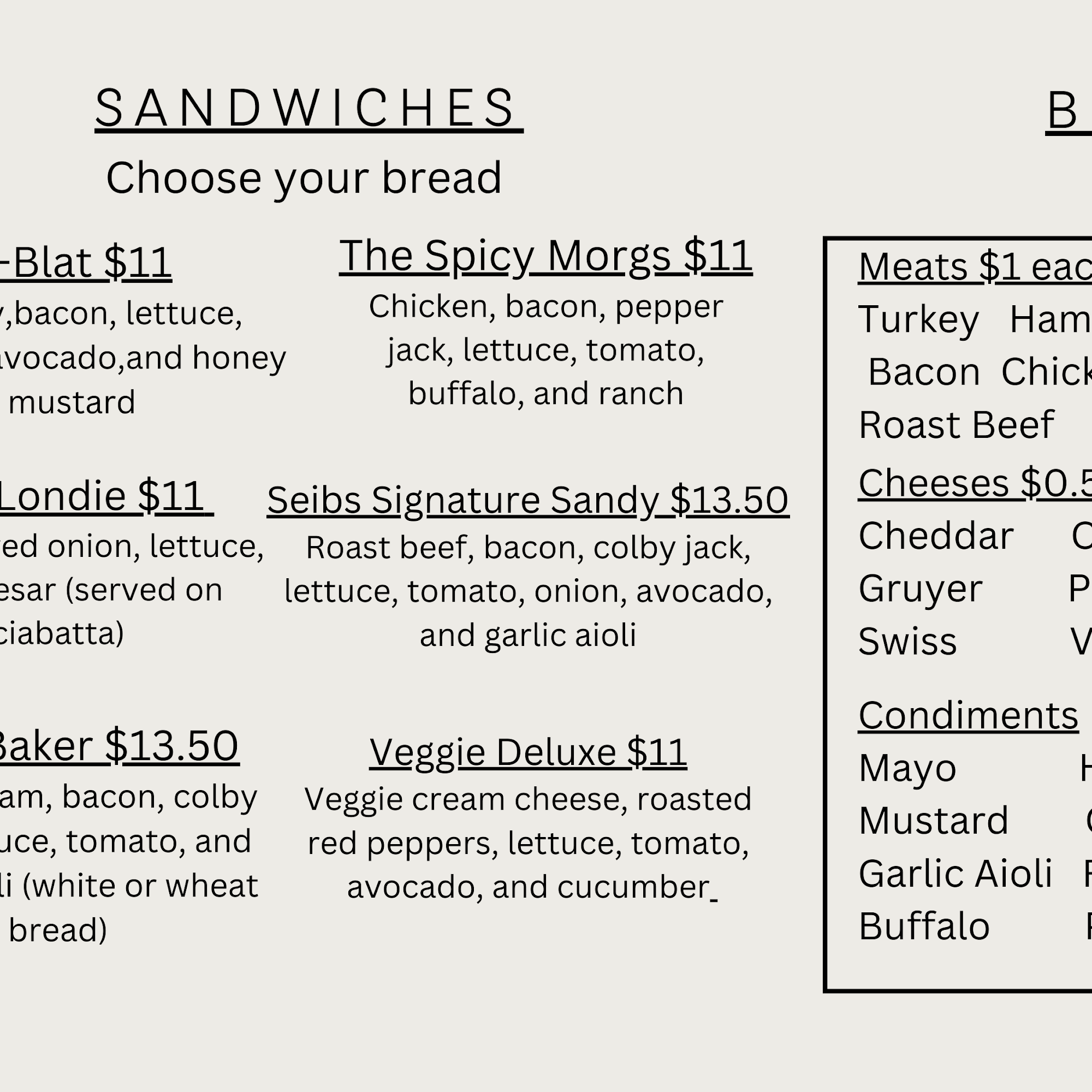 The Tasty Sandwich Menu