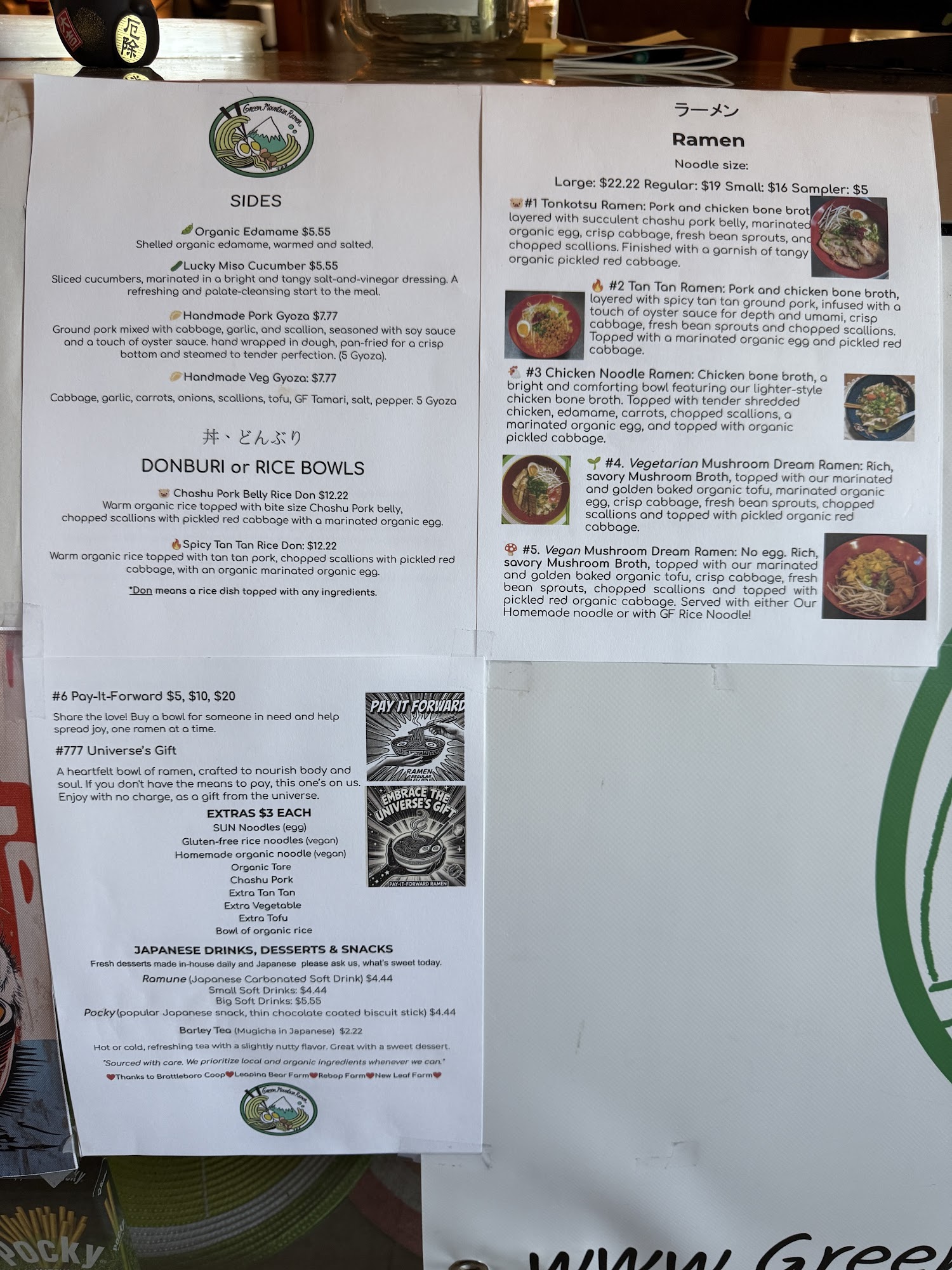 Green Mountain Ramen LLC Menu