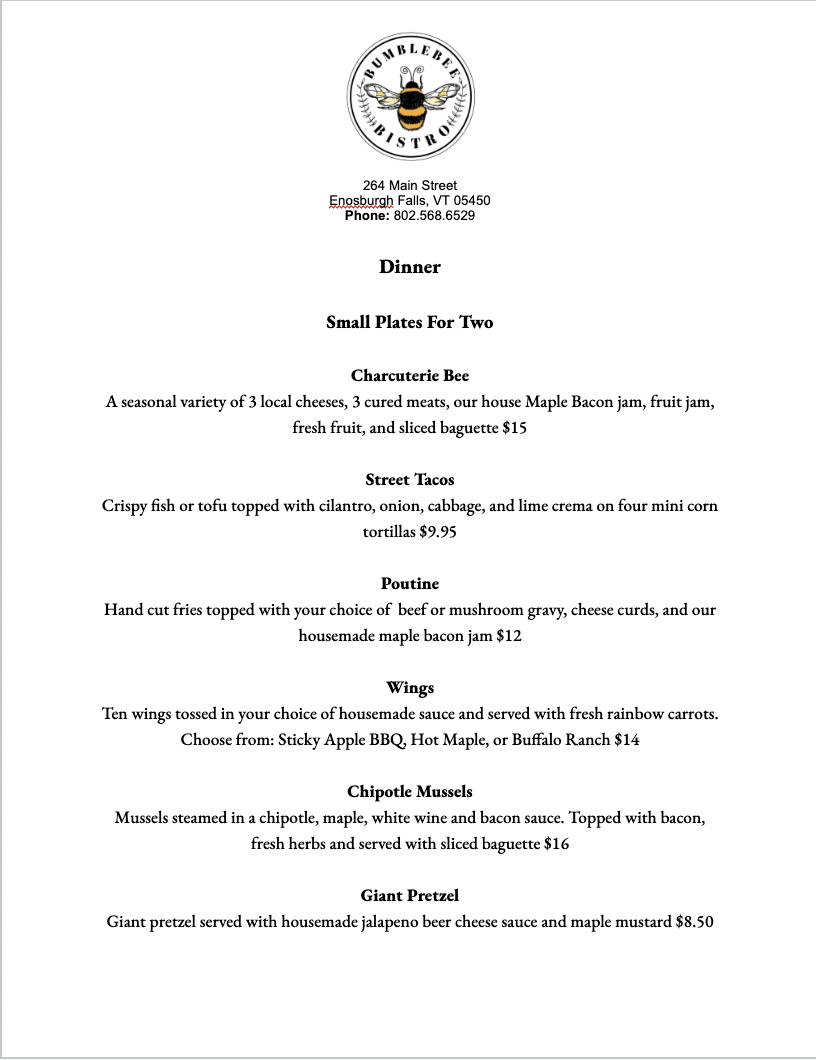 Bumblebee Bistro Menu