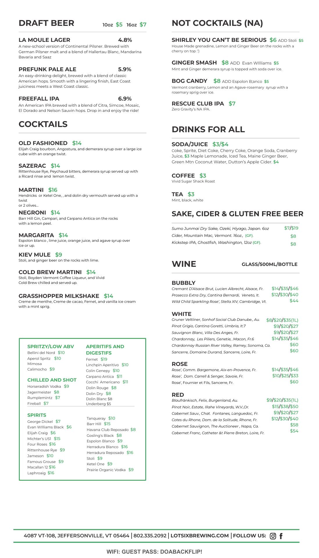 Lot Six Brewing Co Menu