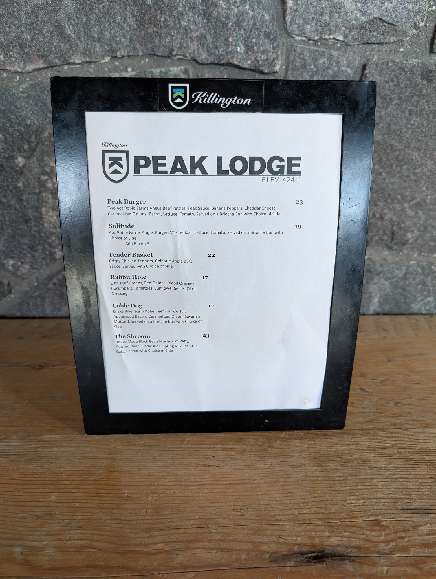 Peak Lodge Menu