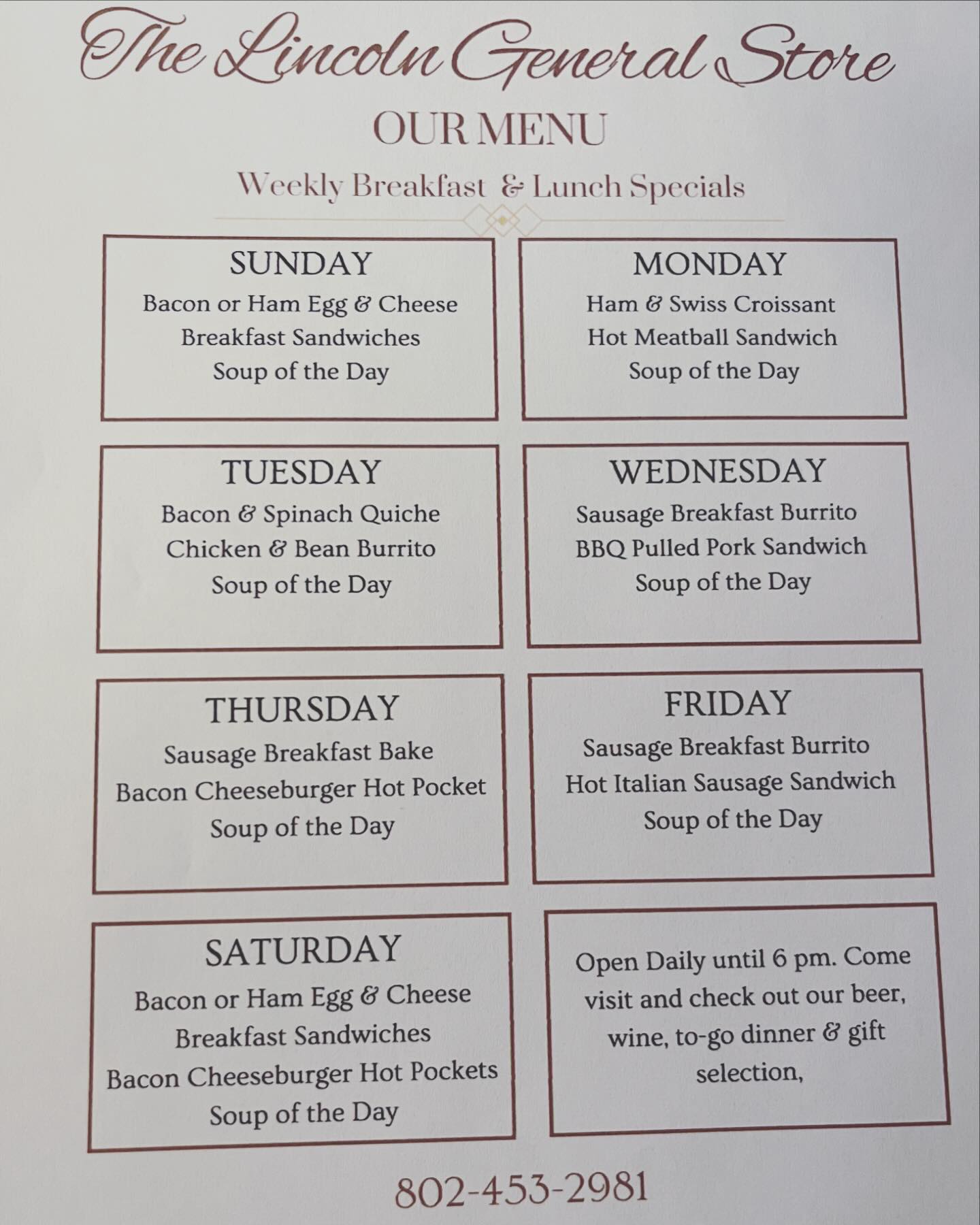 Lincoln General Store Menu