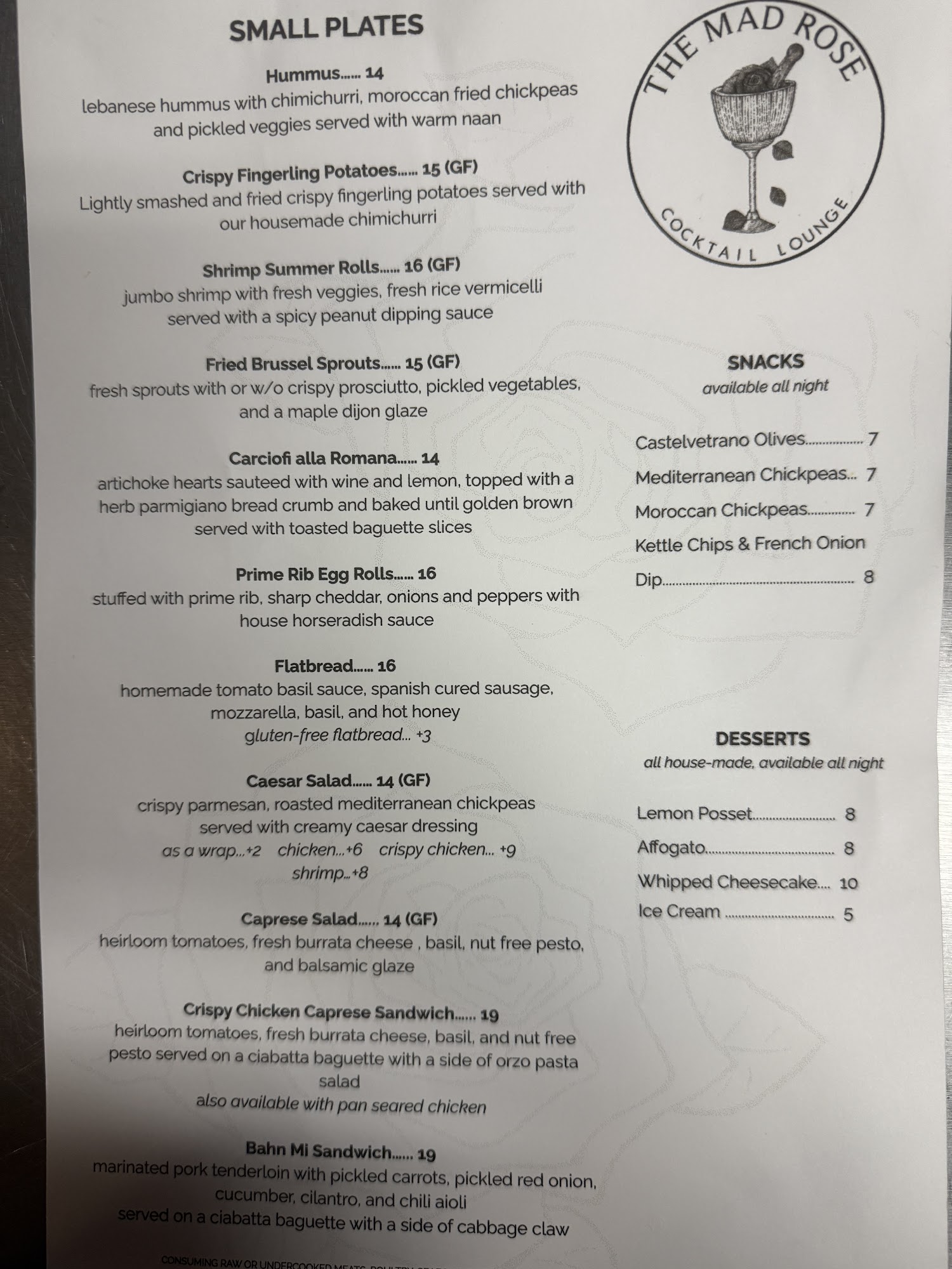 The Mad Rose Menu