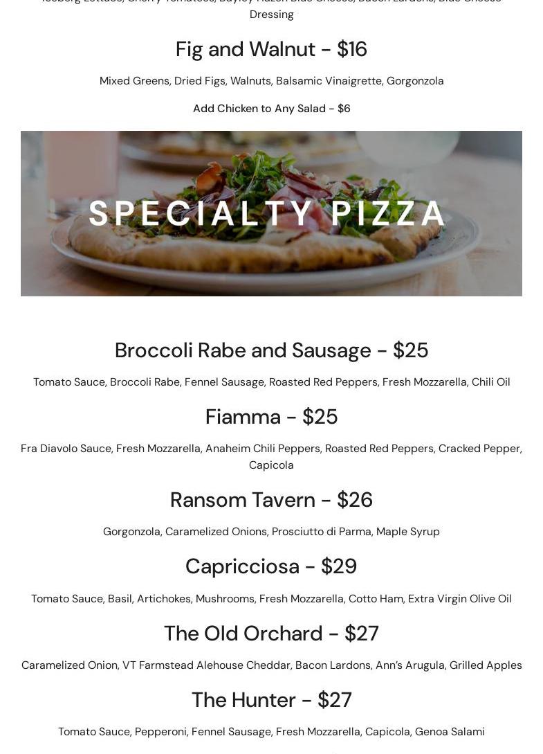 Kedron Valley Inn Menu
