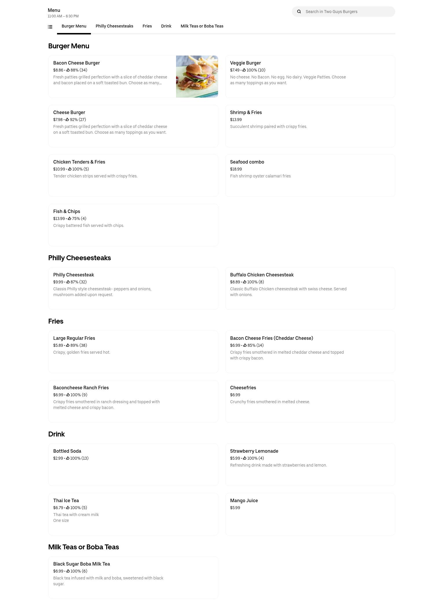 Two Guys Burgers Menu