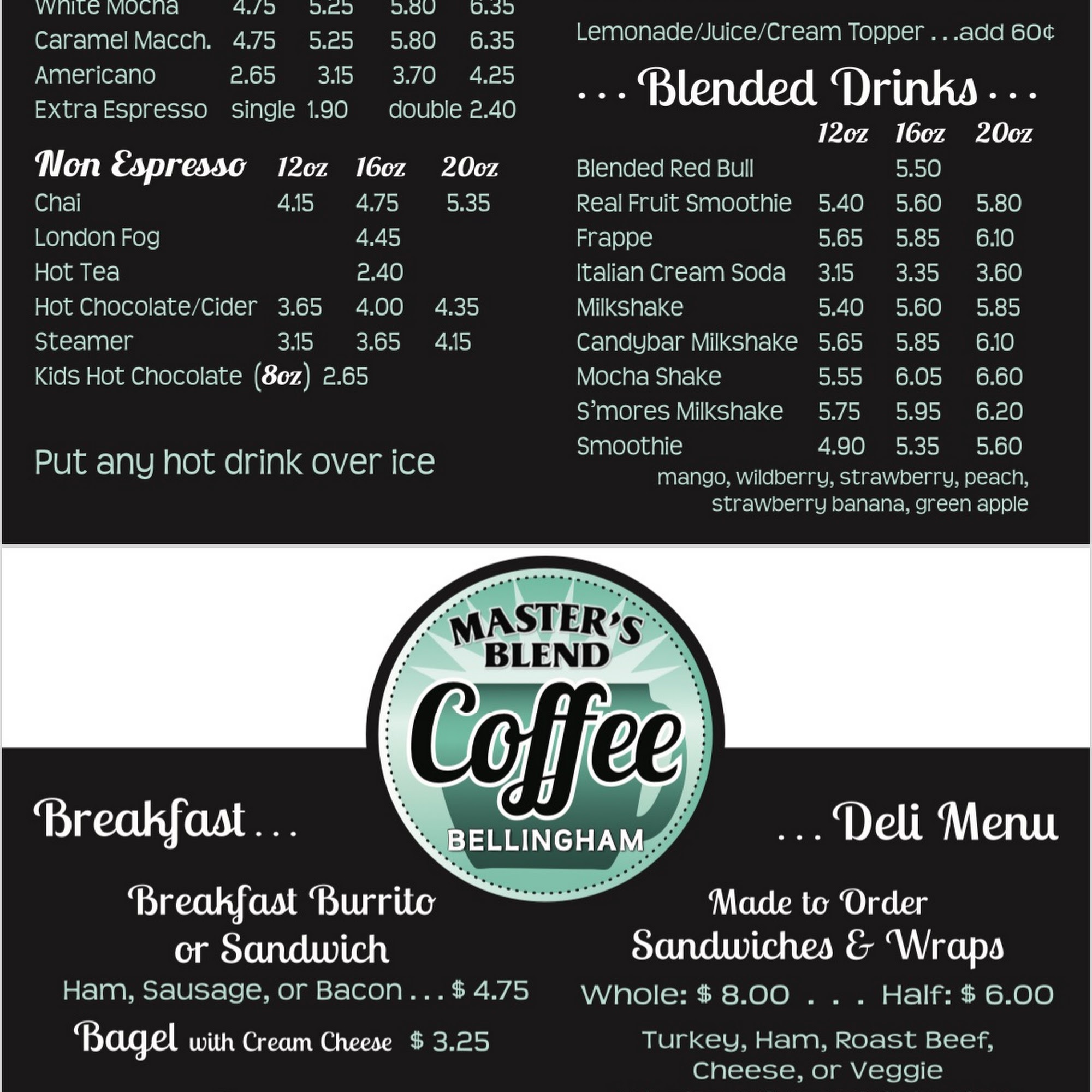 Masters Blend Coffee Menu