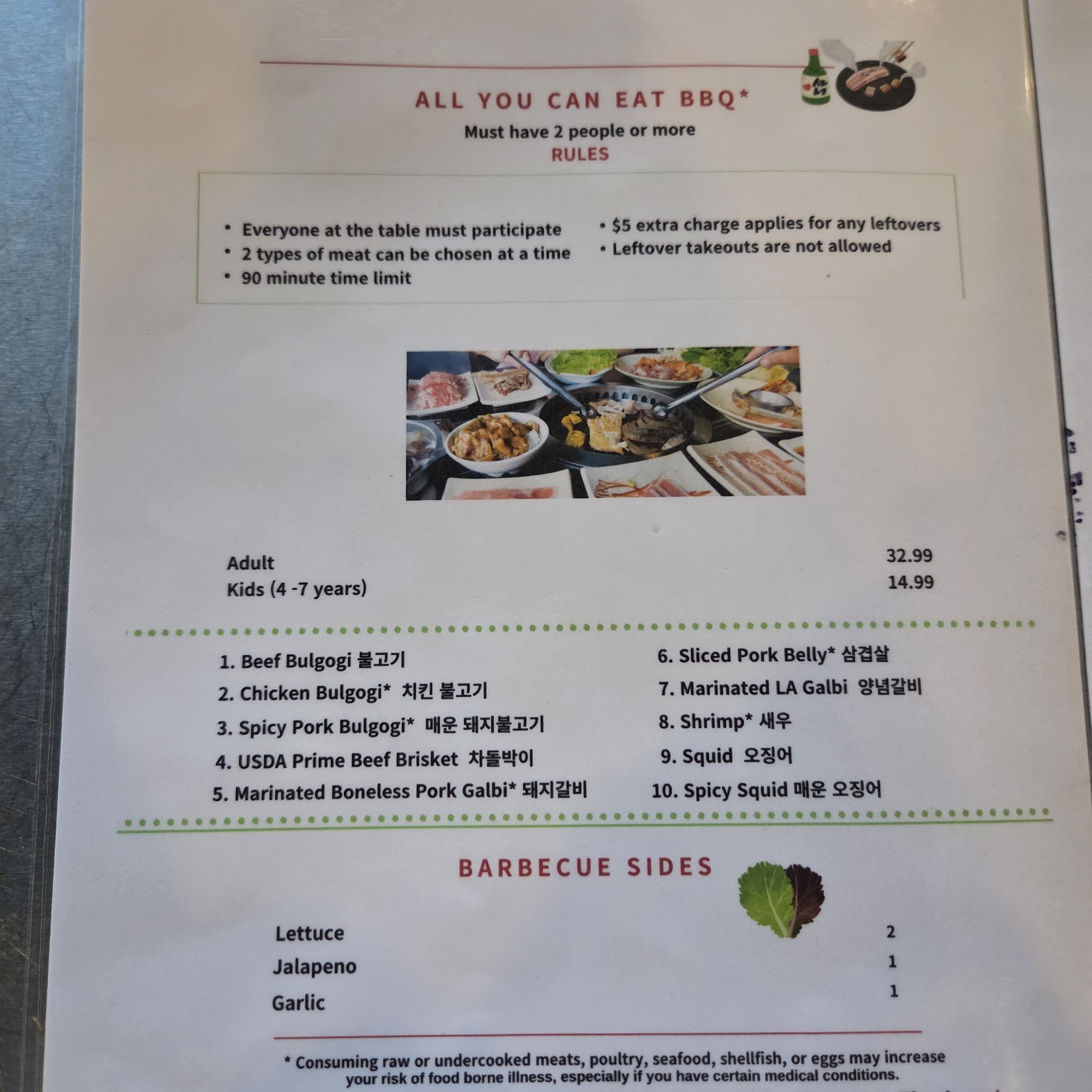 KW Korean BBQ Menu