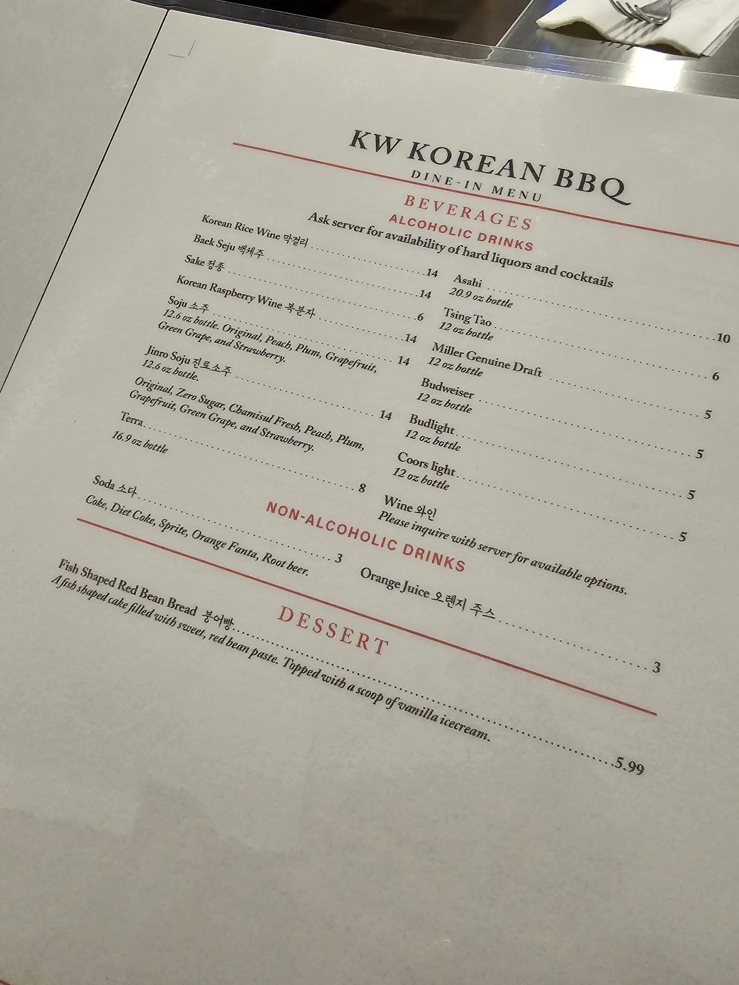 KW Korean BBQ Menu