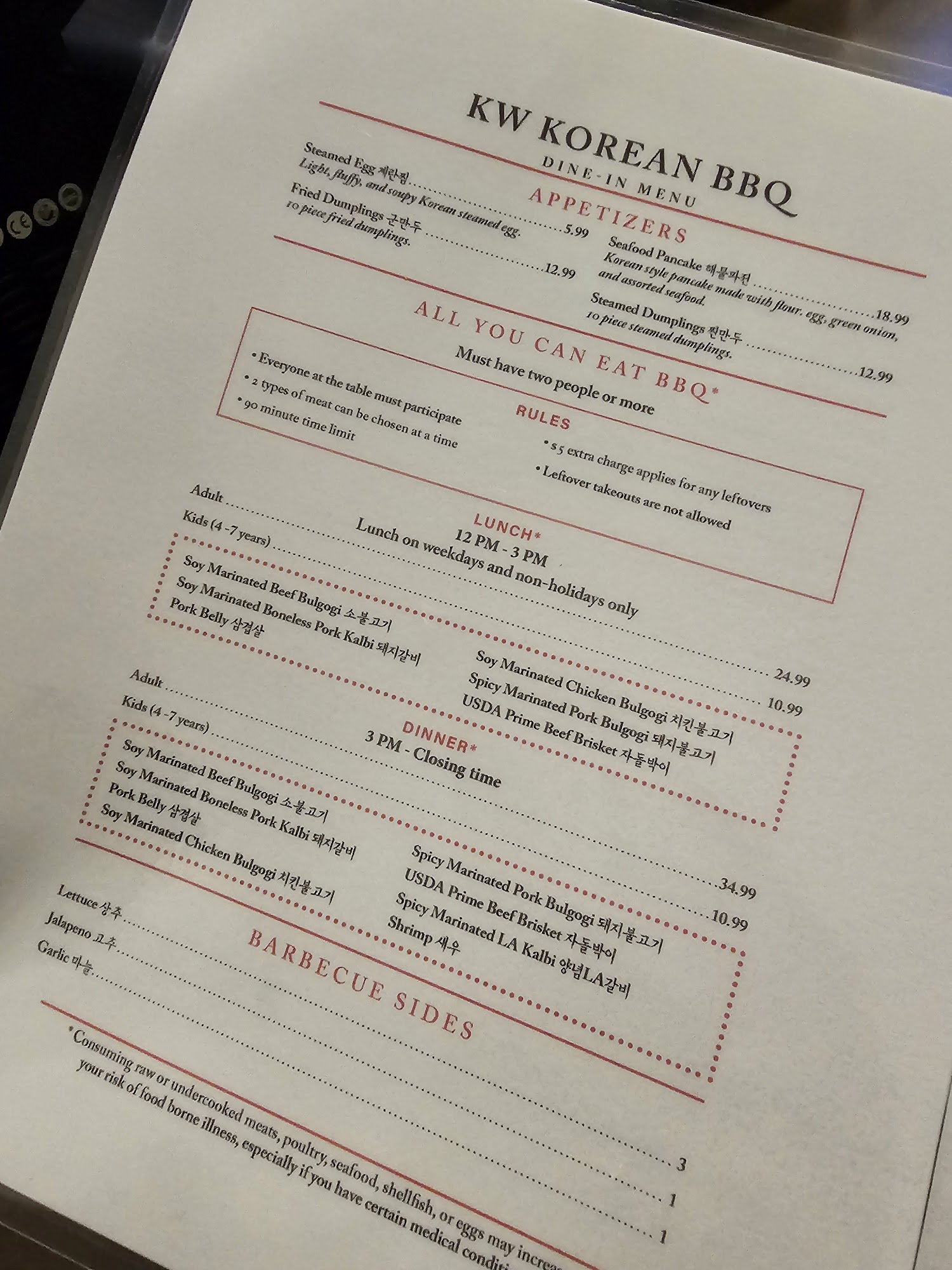 KW Korean BBQ Menu