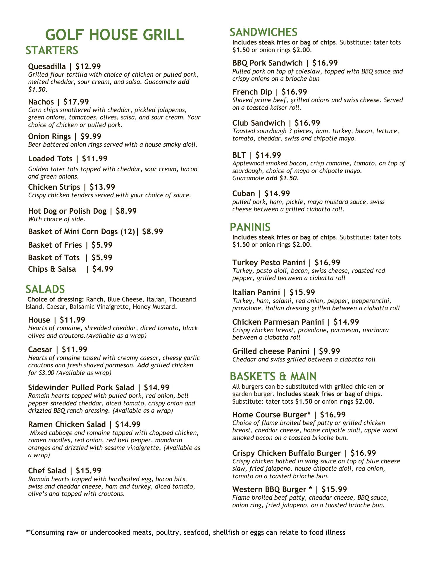 Golf House Grill Menu