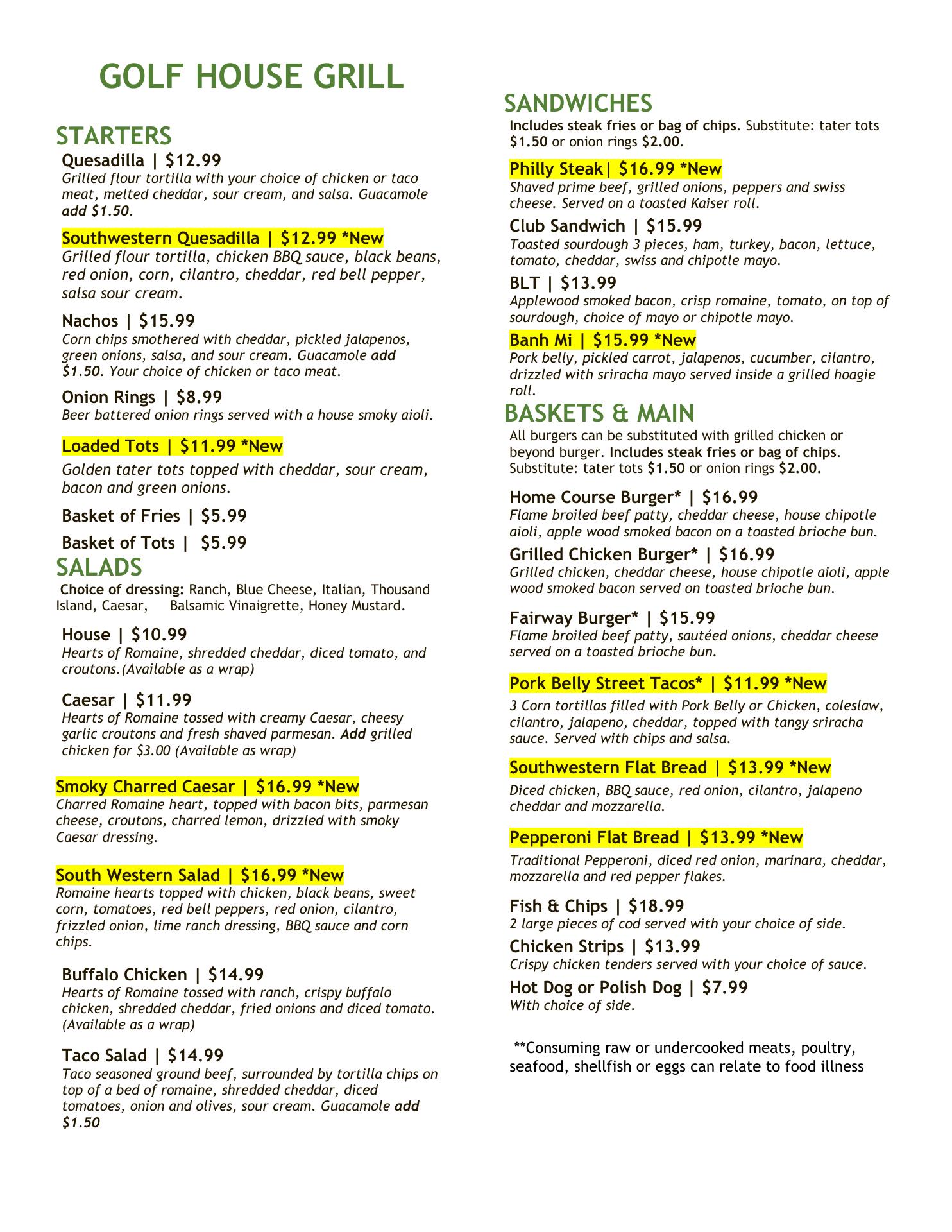 Golf House Grill Menu