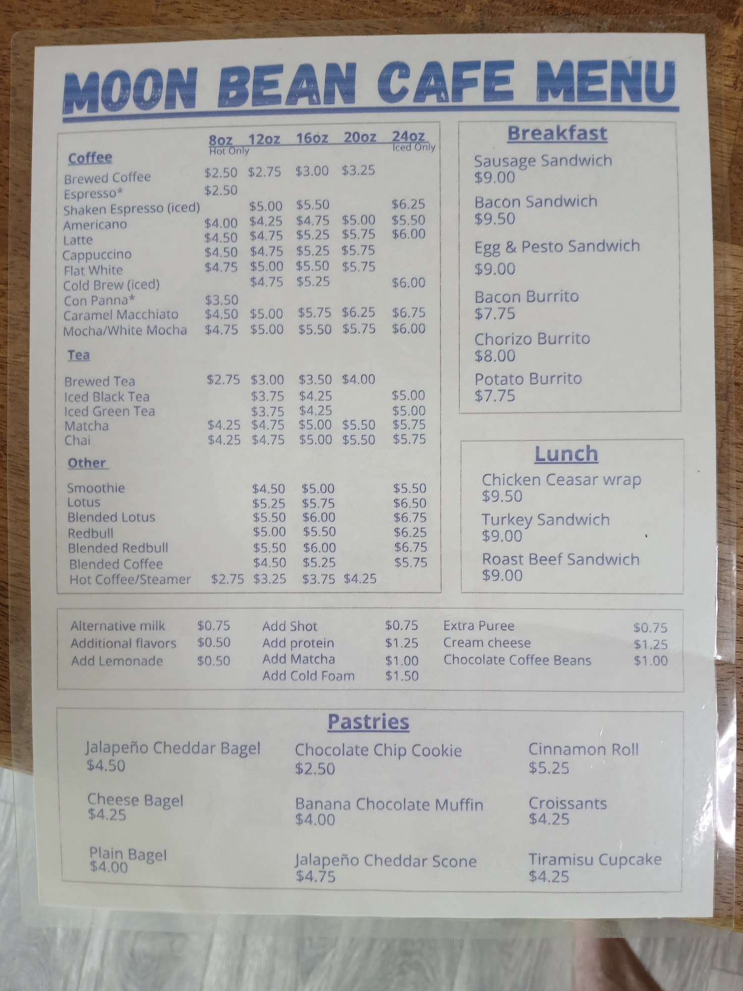 Moon Bean Cafe Menu