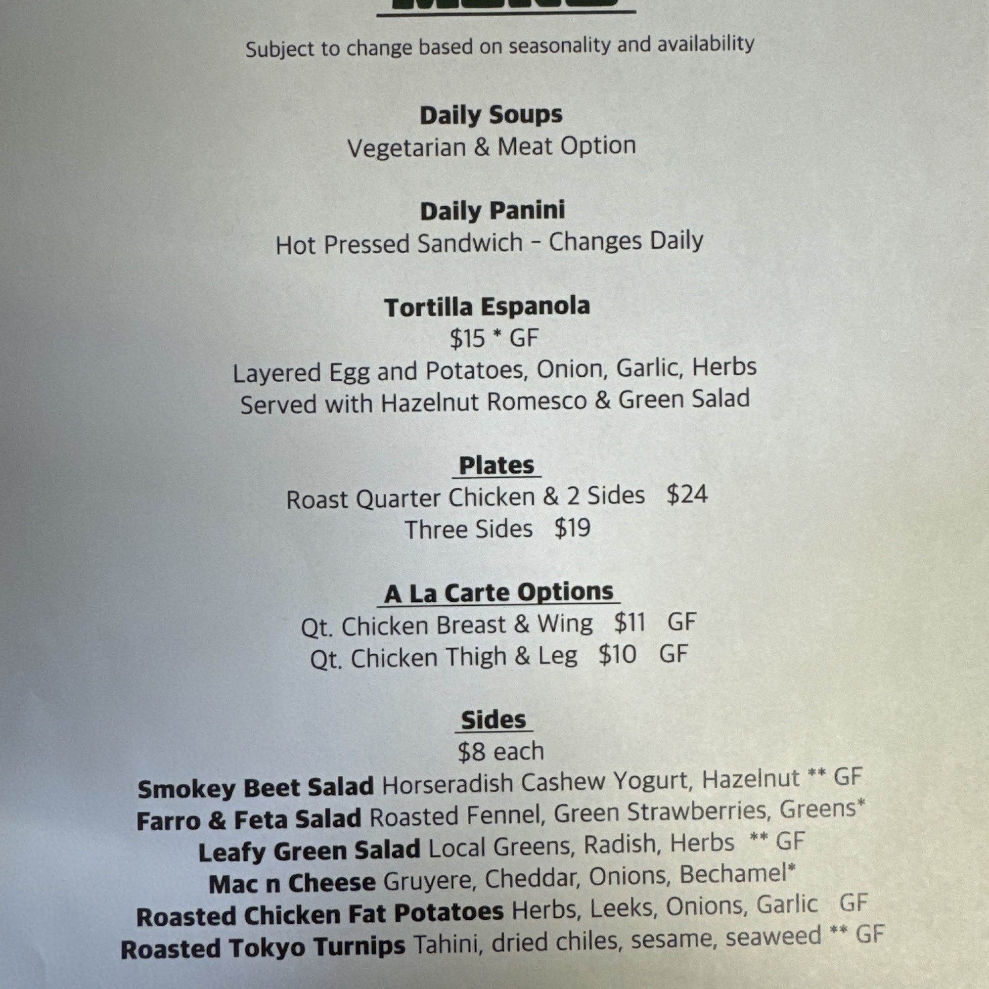 Lone Pine Larder Menu