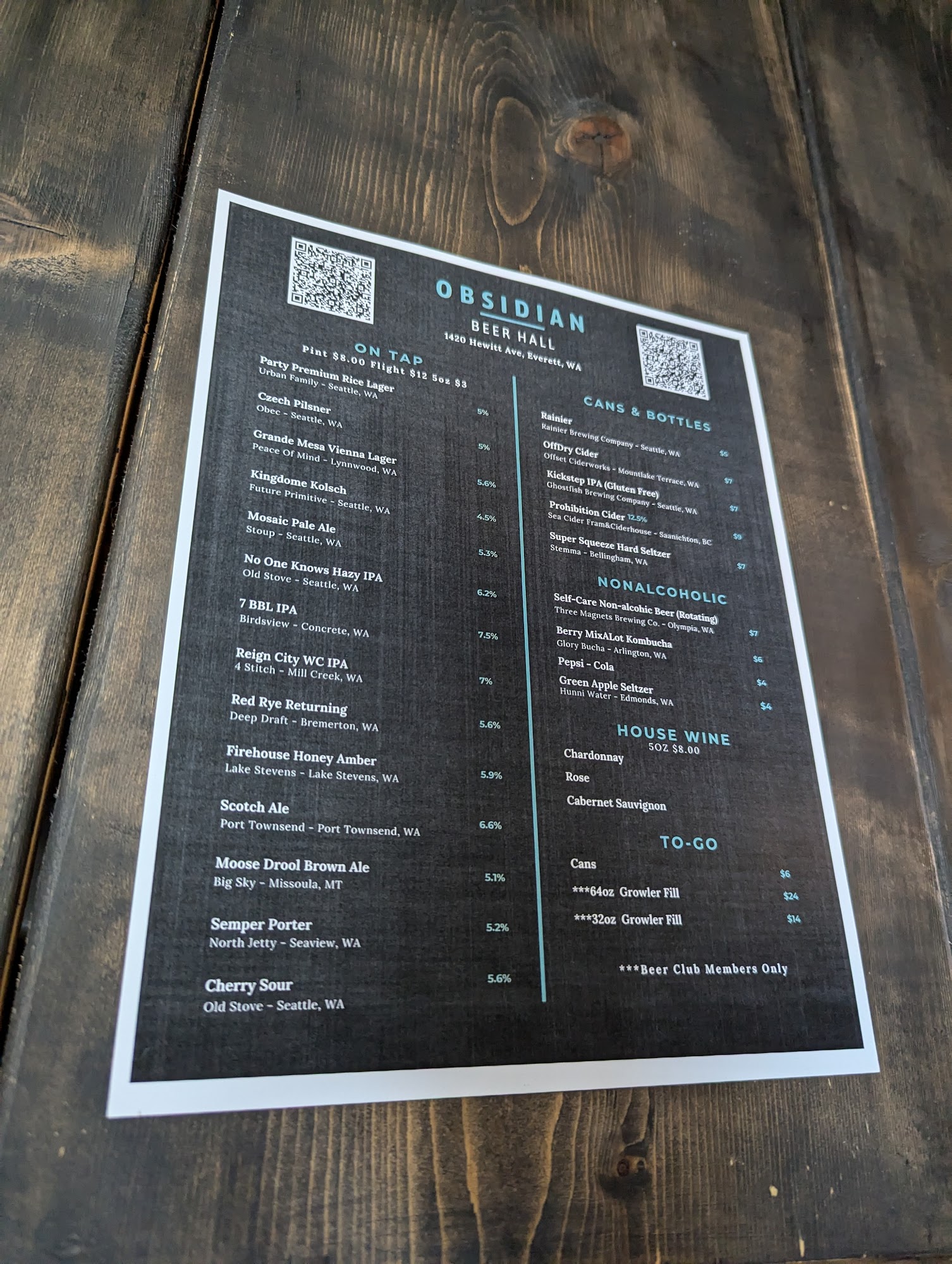 Obsidian Beer Hall Menu