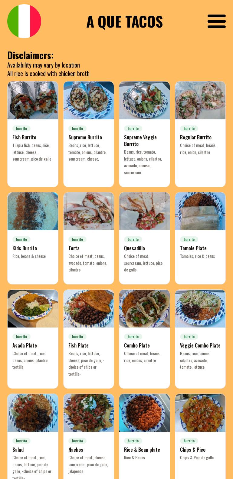 A Que Tacos Menu