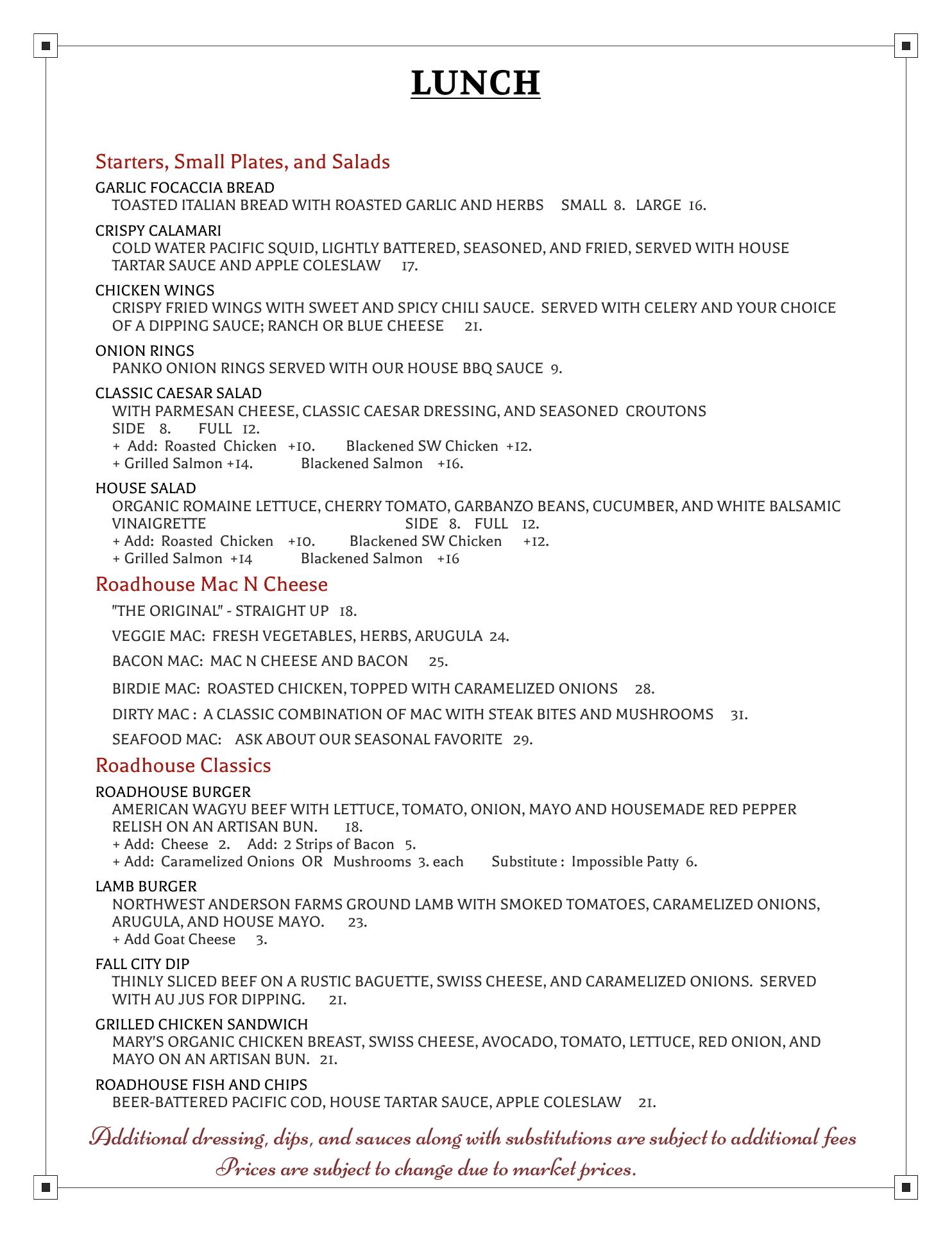 The Roadhouse Inn Menu