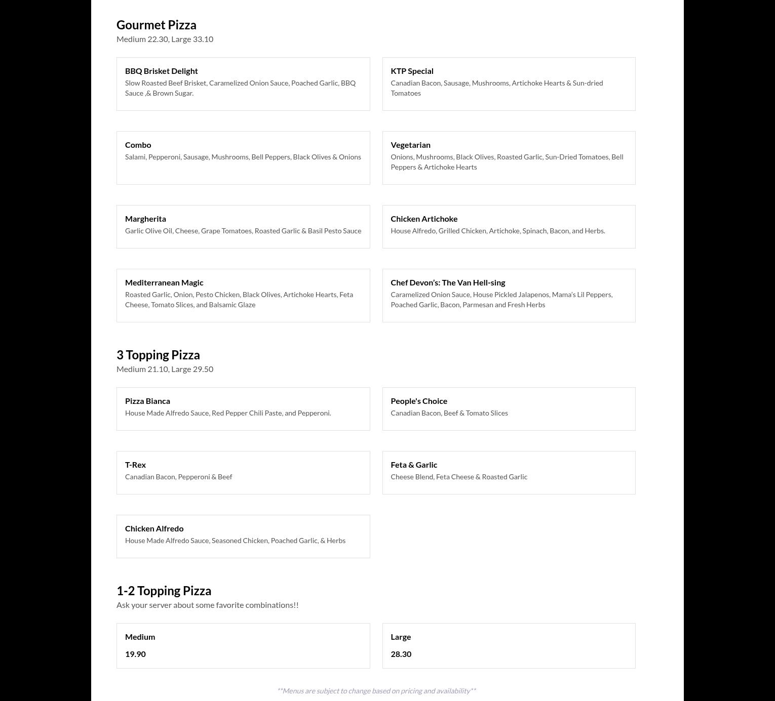 Kelso Theater Pub Menu