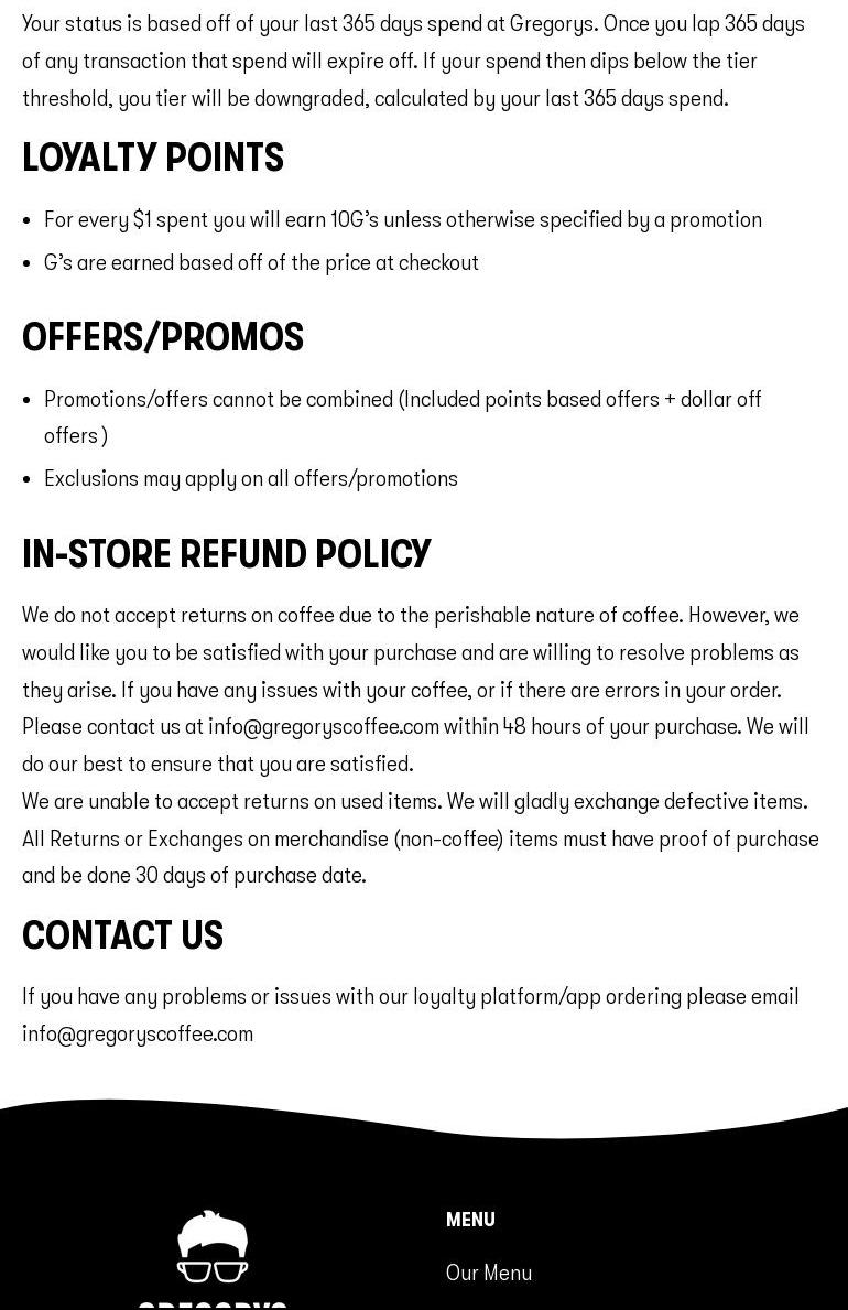 Gregorys Coffee Menu