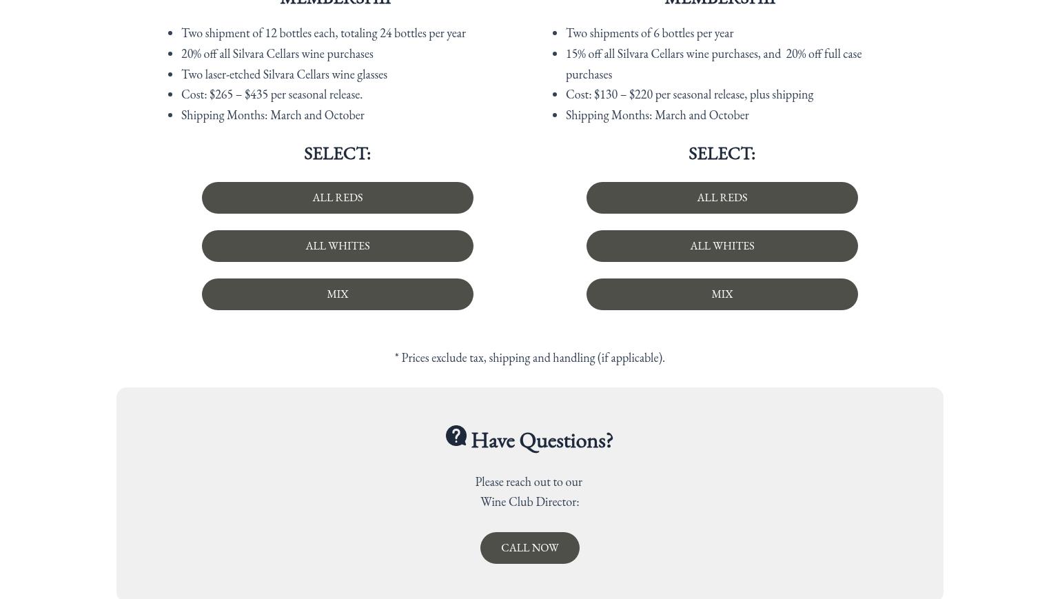 Silvara Cellars Menu