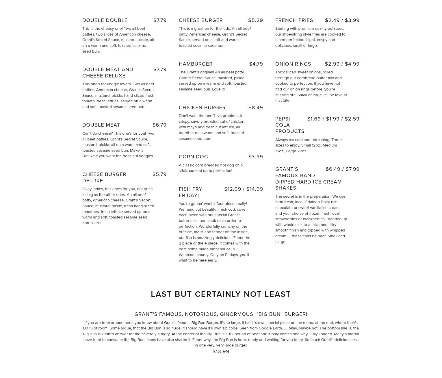 Grant's Burgers Menu