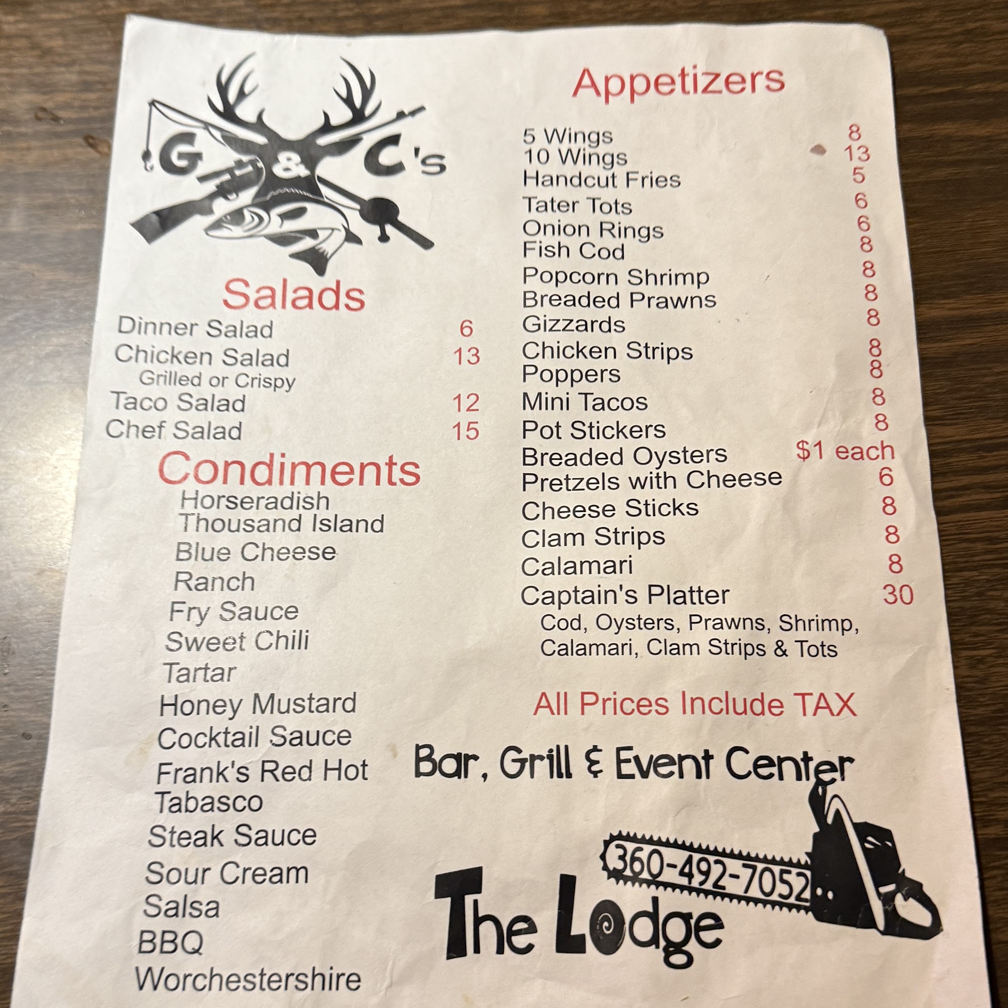 G&C's Bar and Grill Menu