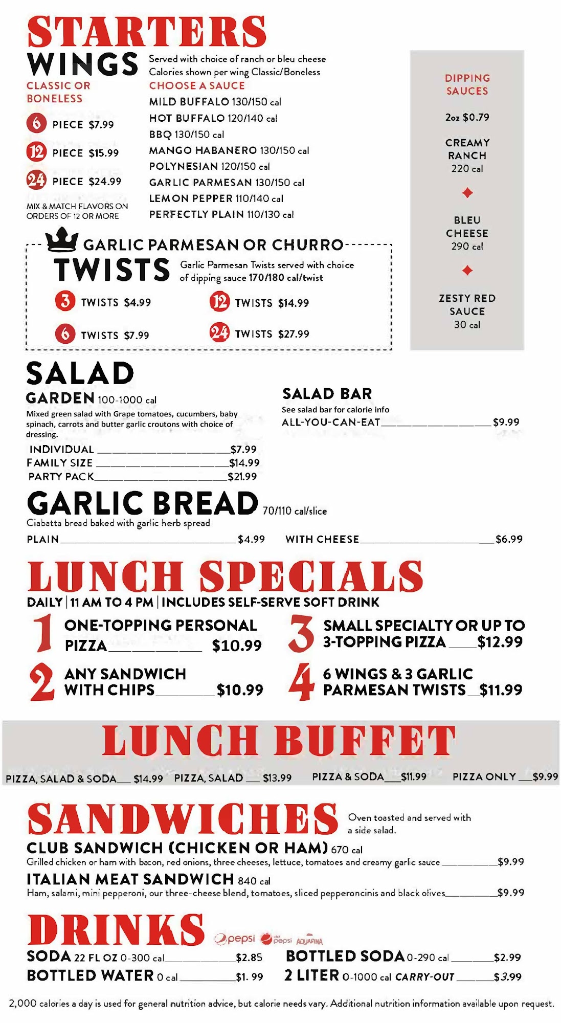 Round Table Pizza Menu