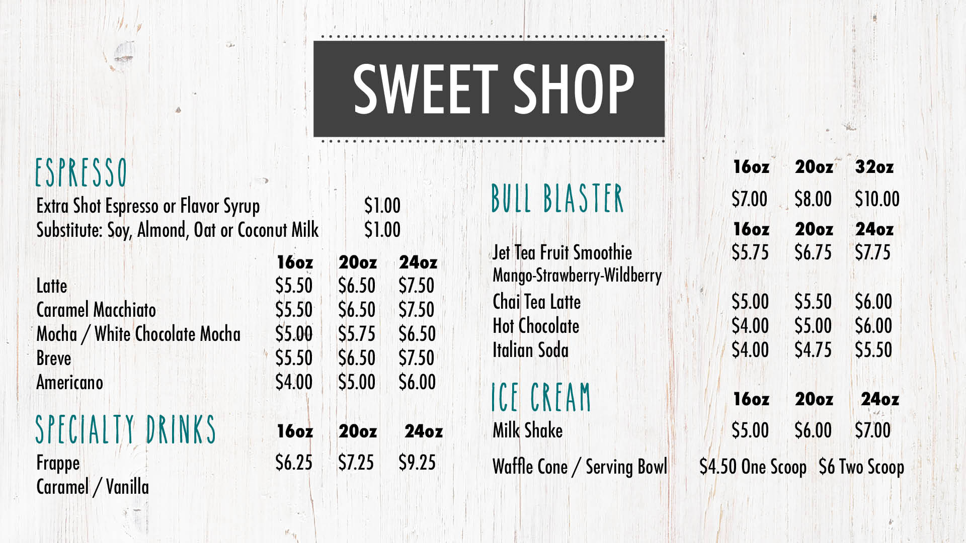 The Sweet Shop Menu