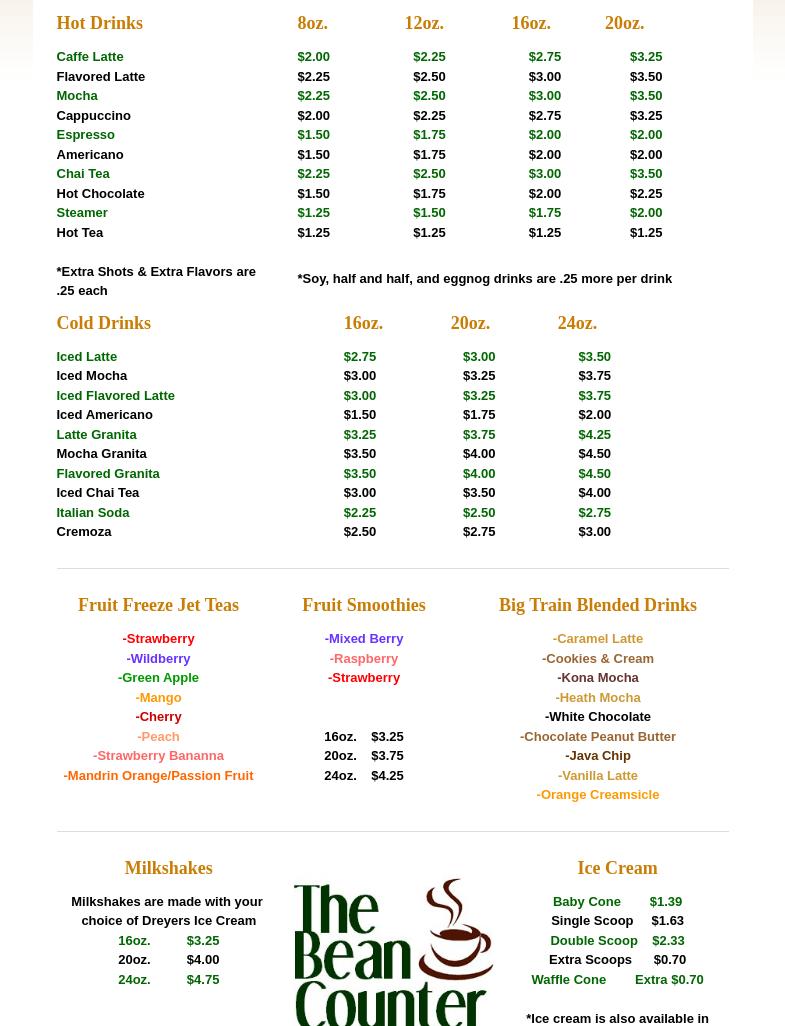 The Bean Counter Menu