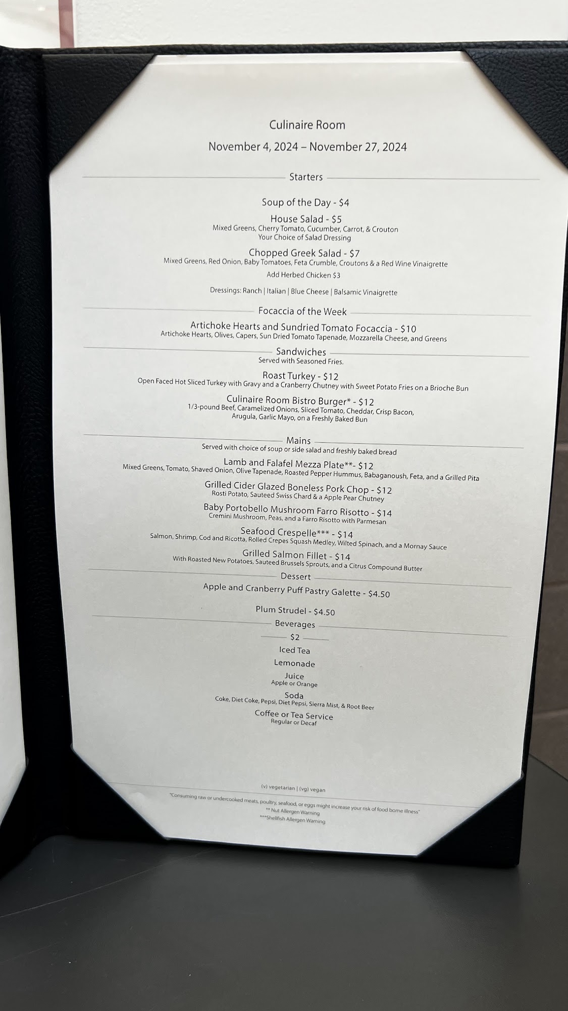 Renton Technical College Culinaire Room Menu