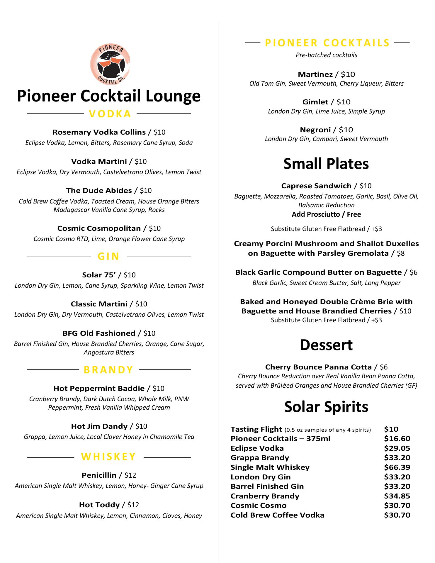 Solar Spirits Distillery Menu