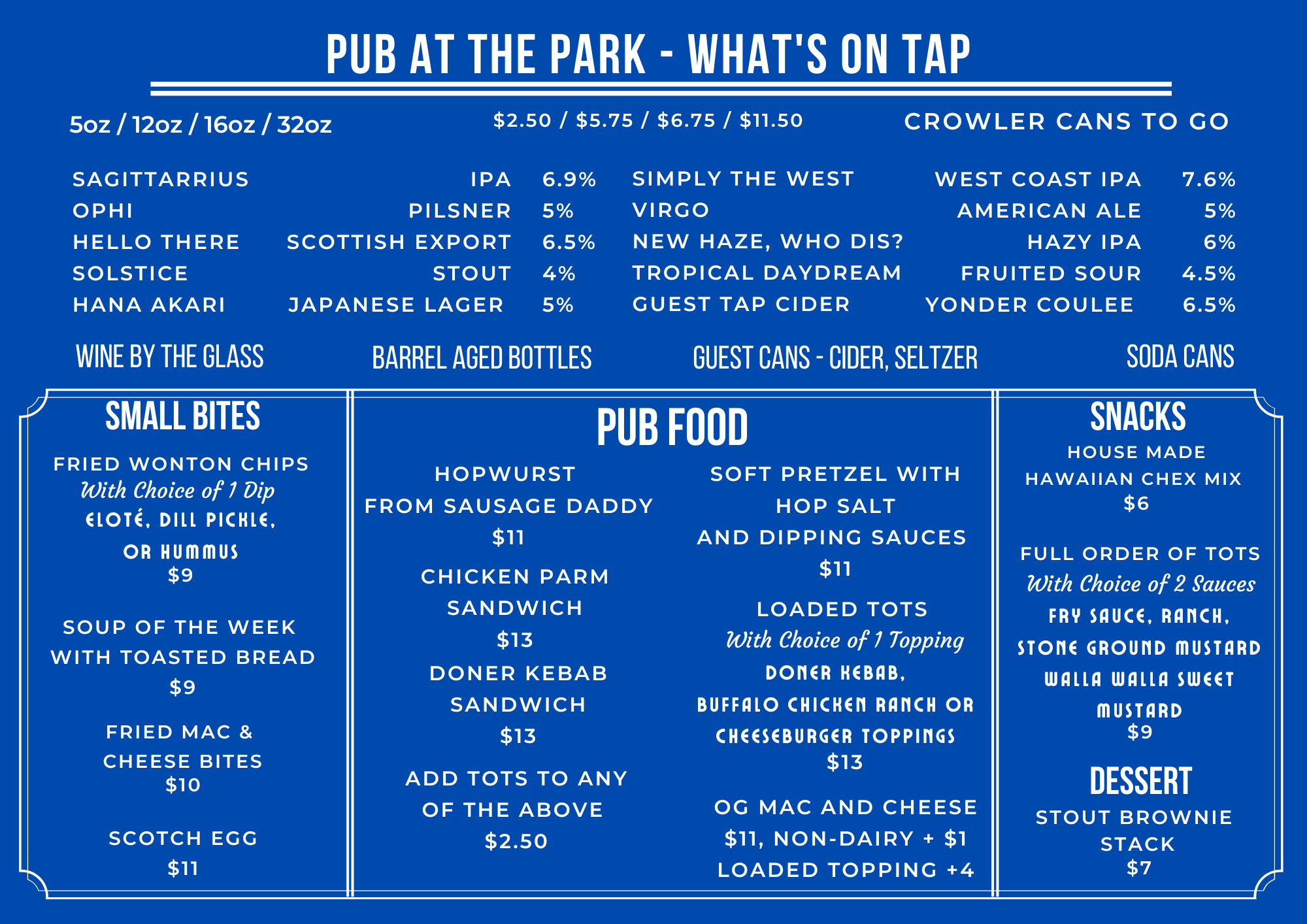 Moonshot Brewing Pub at the Park Menu