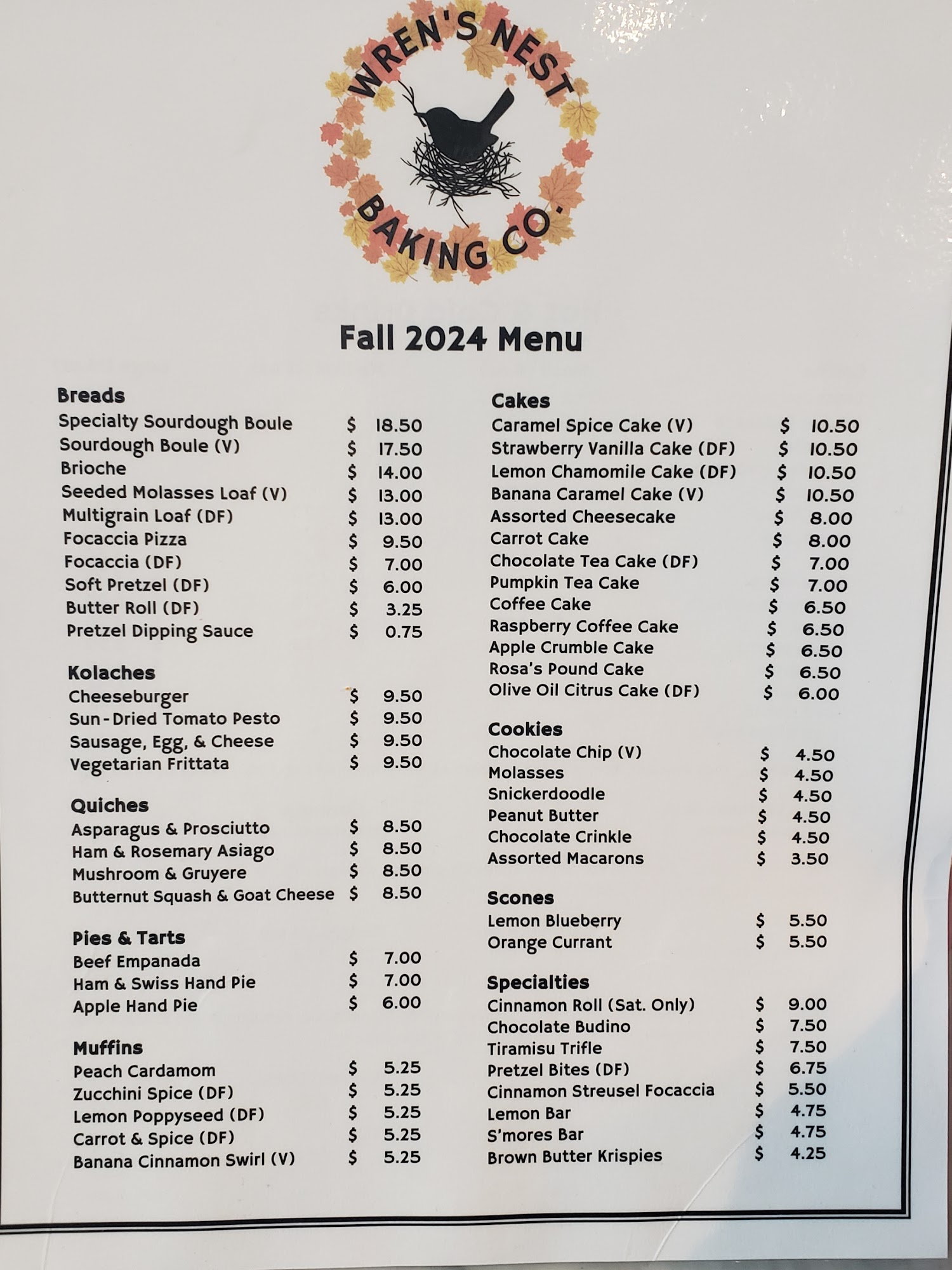 Wren's Nest Baking Co. Menu