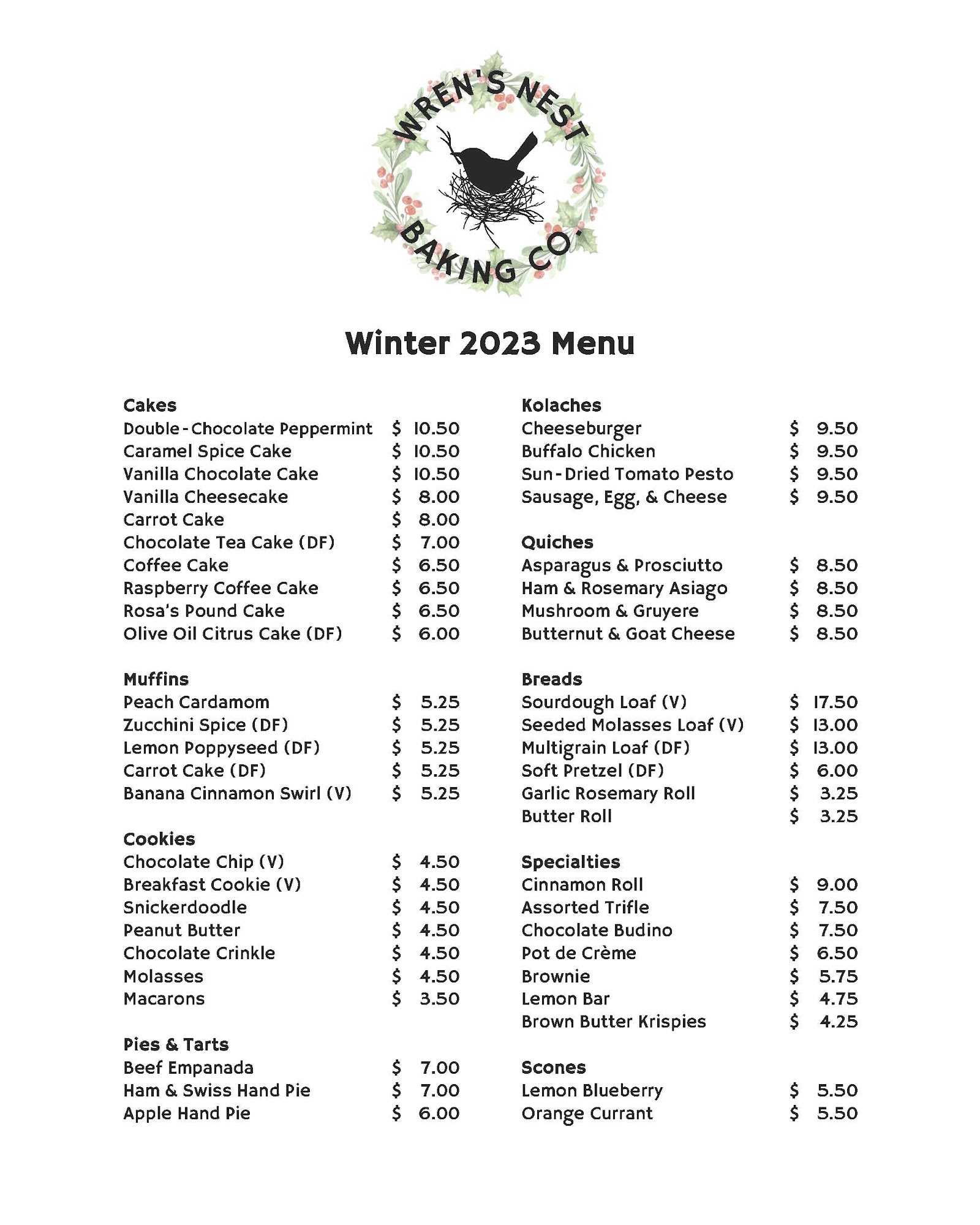 Wren's Nest Baking Co. Menu