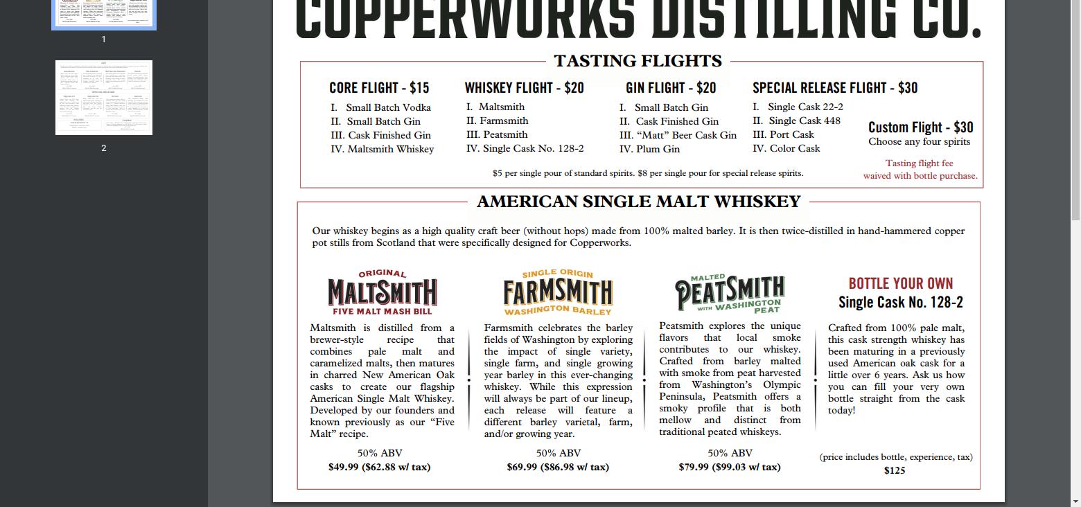 Copperworks Distilling Company Menu