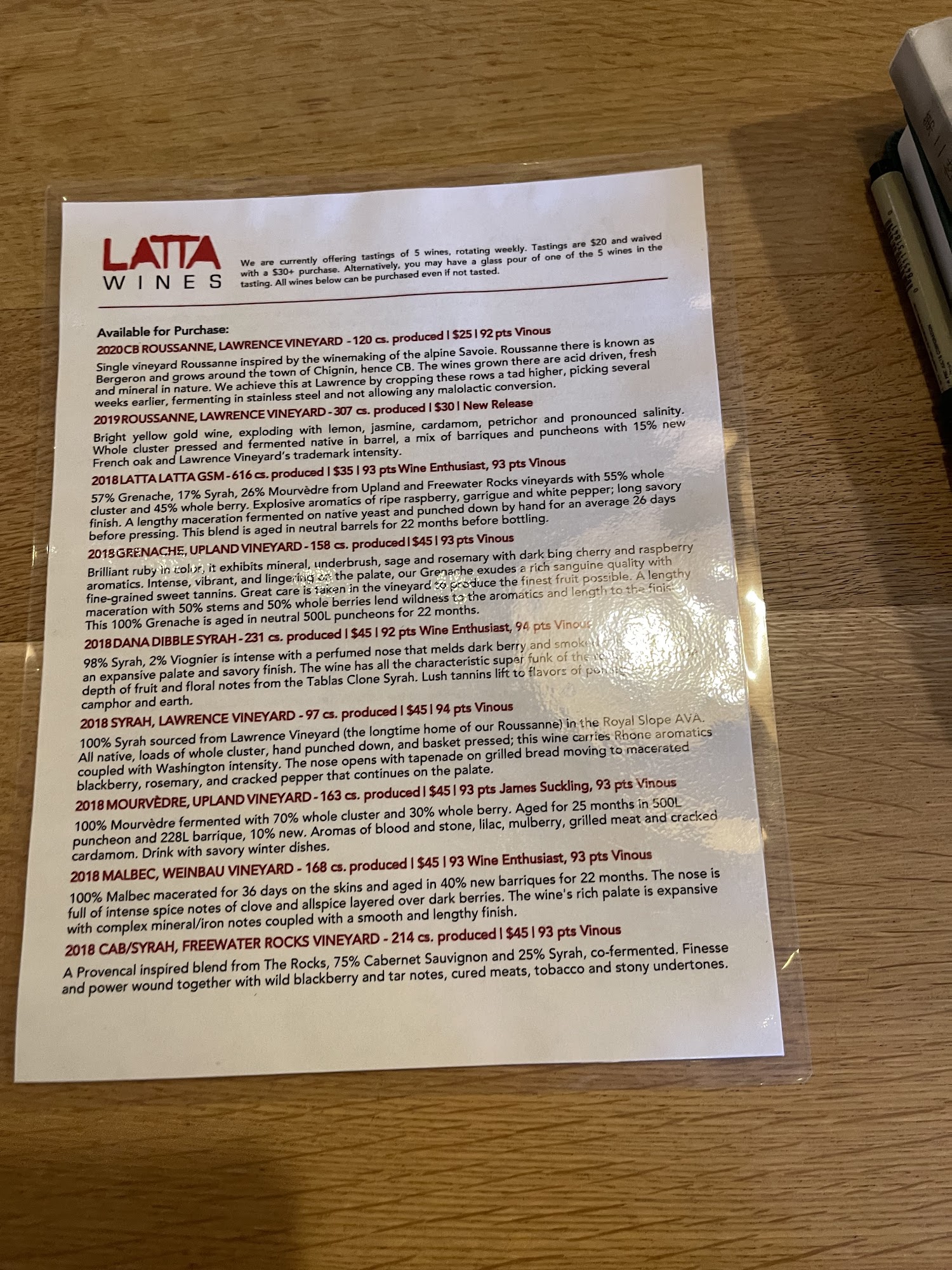 Latta Wines Menu