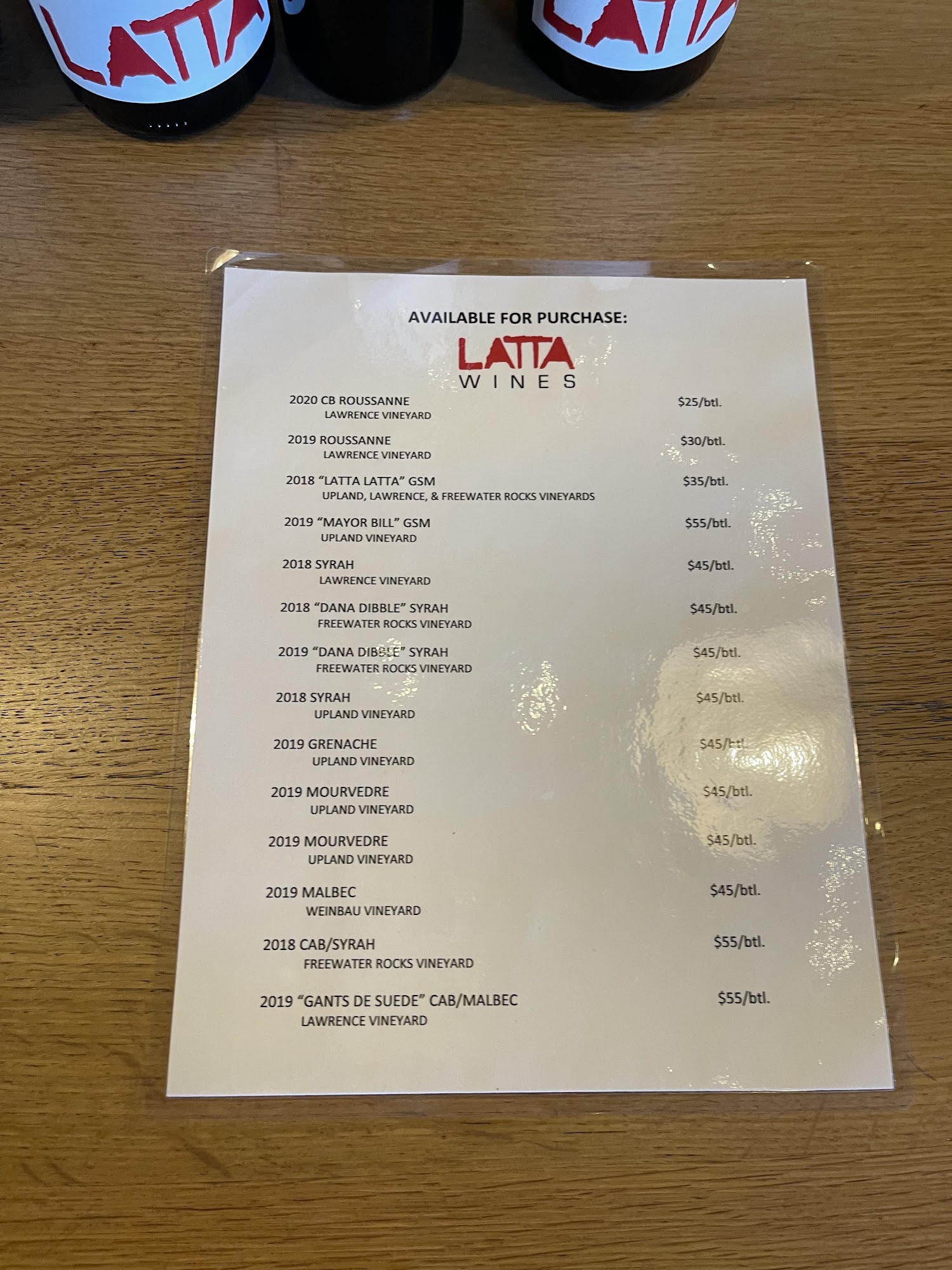 Latta Wines Menu