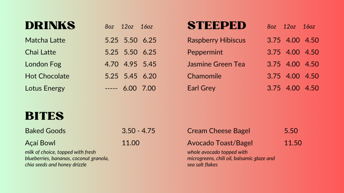 Praxis Yoga & Cafe Menu