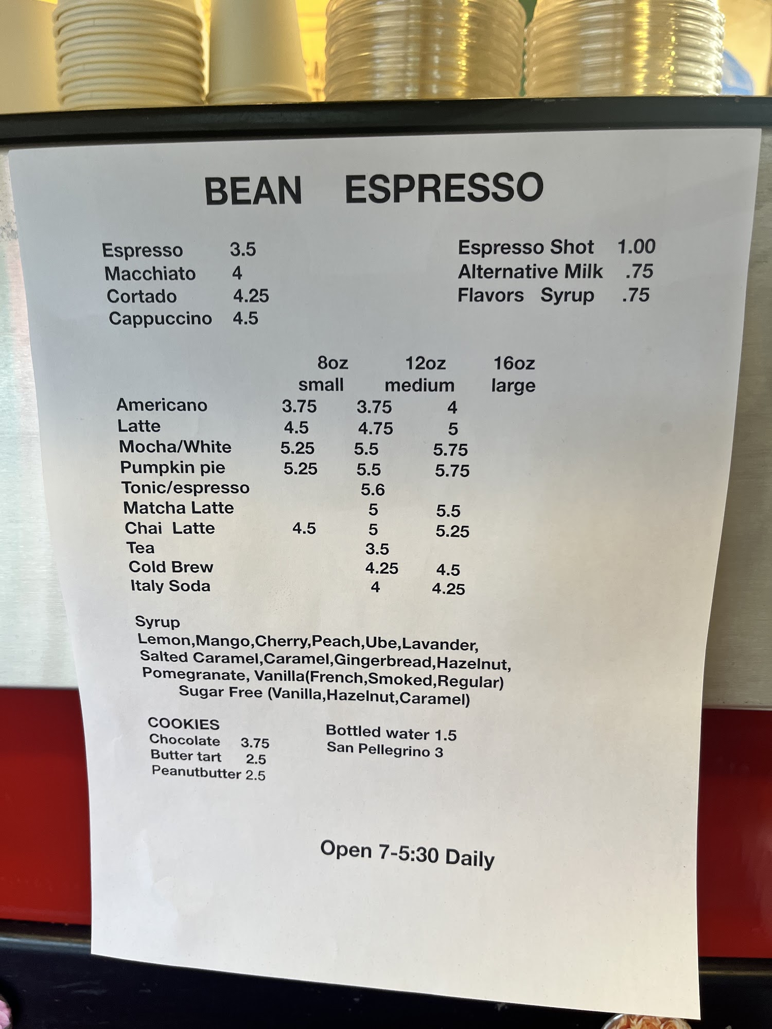 Bean Espresso Menu