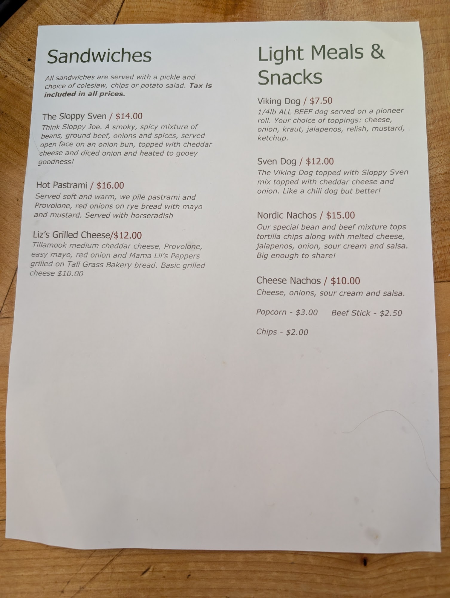 Schooner Street Menu