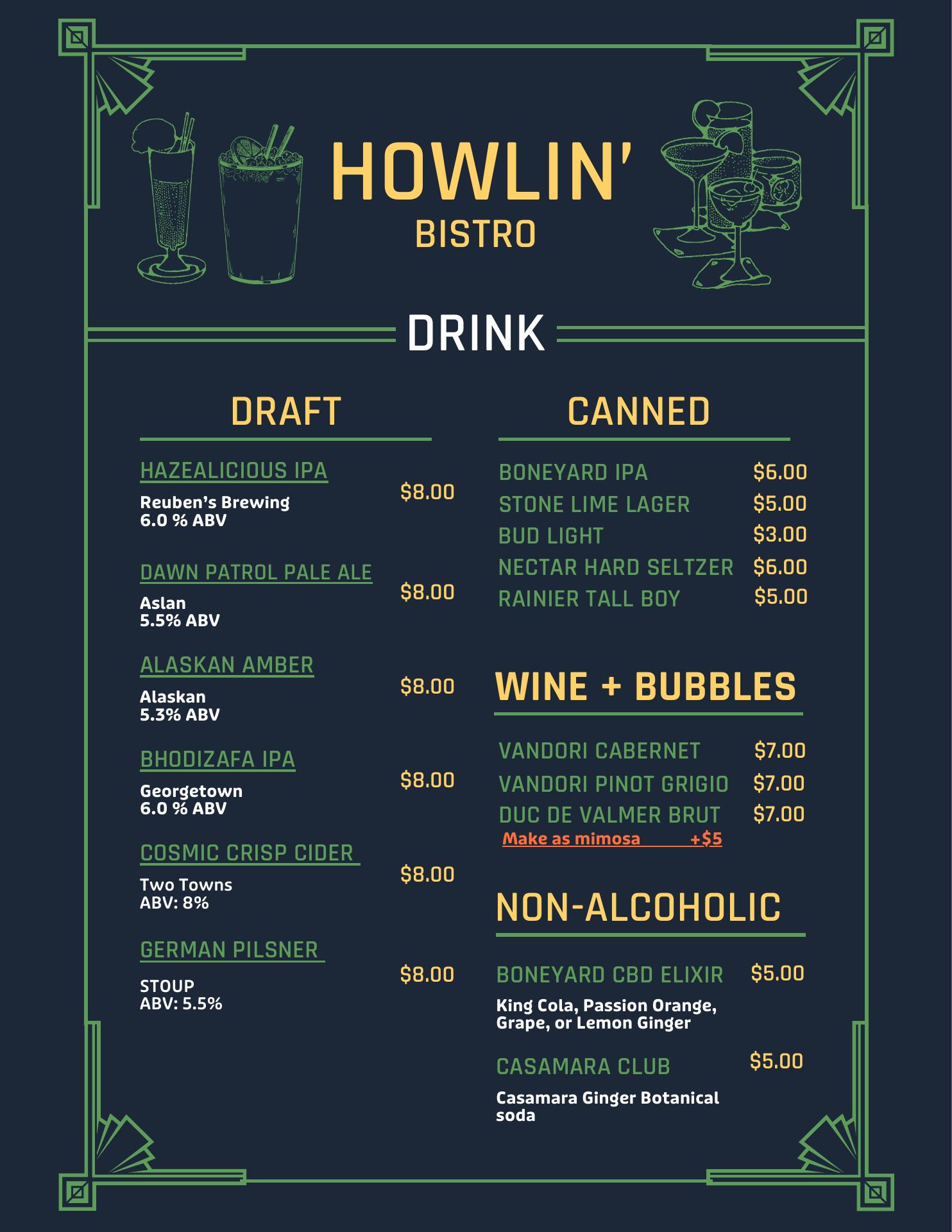 BoneYard's Howlin' Bistro Menu