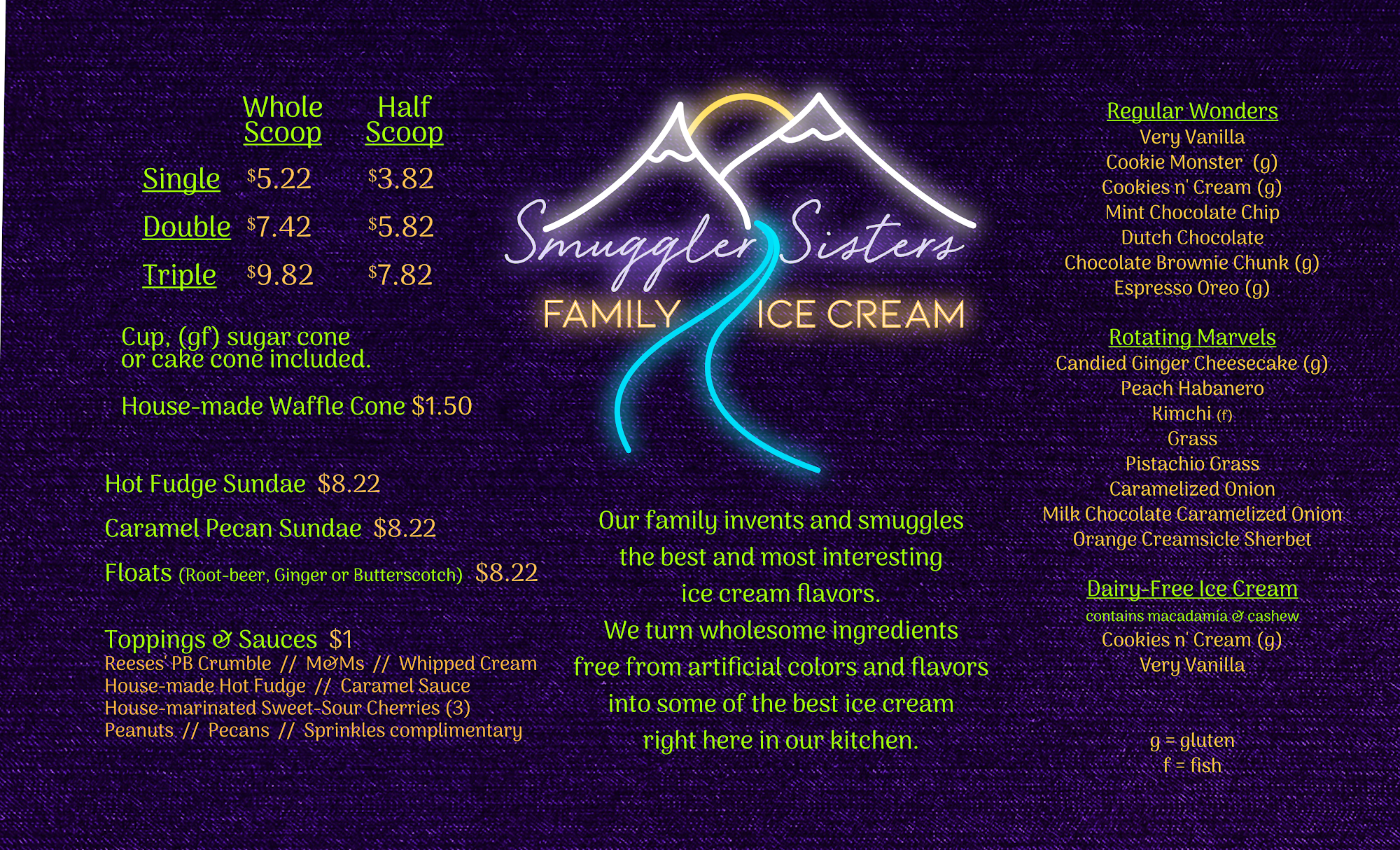 Smuggler Sisters Family Ice Cream Menu