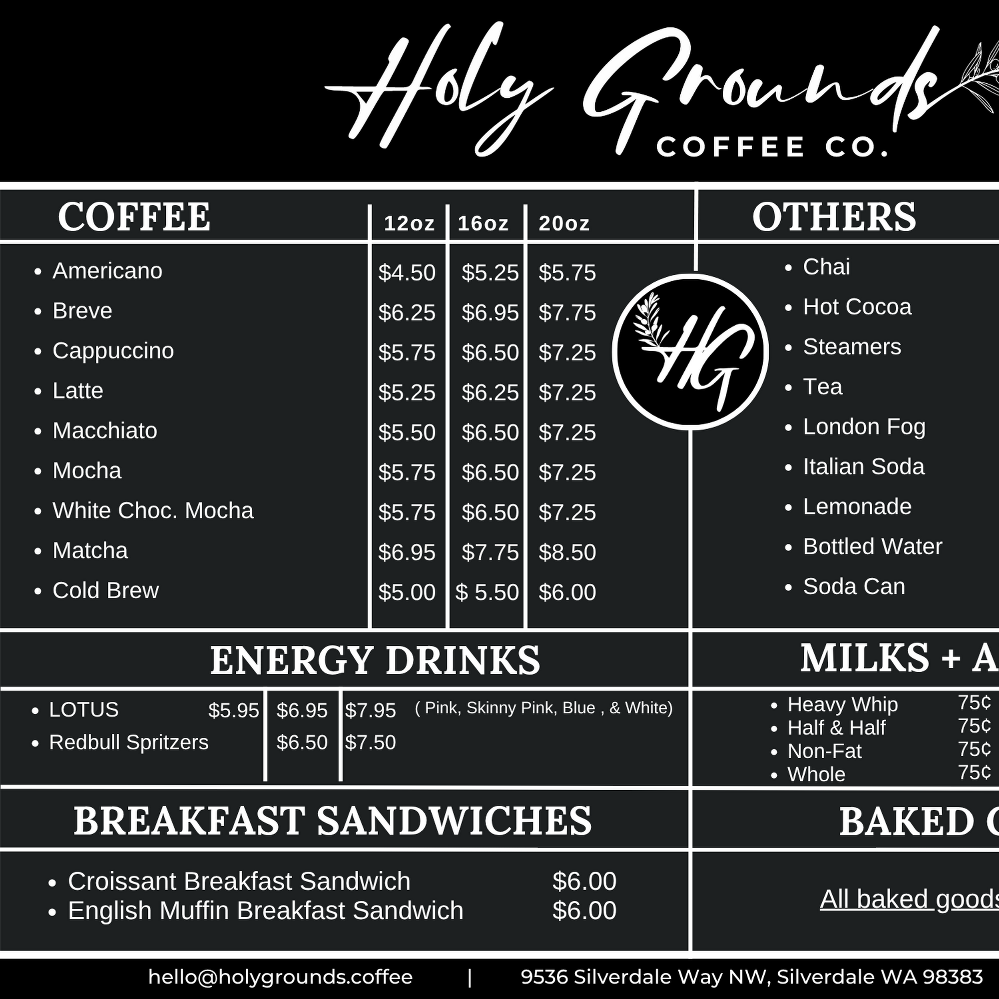 Holy Grounds Coffee Co. Menu