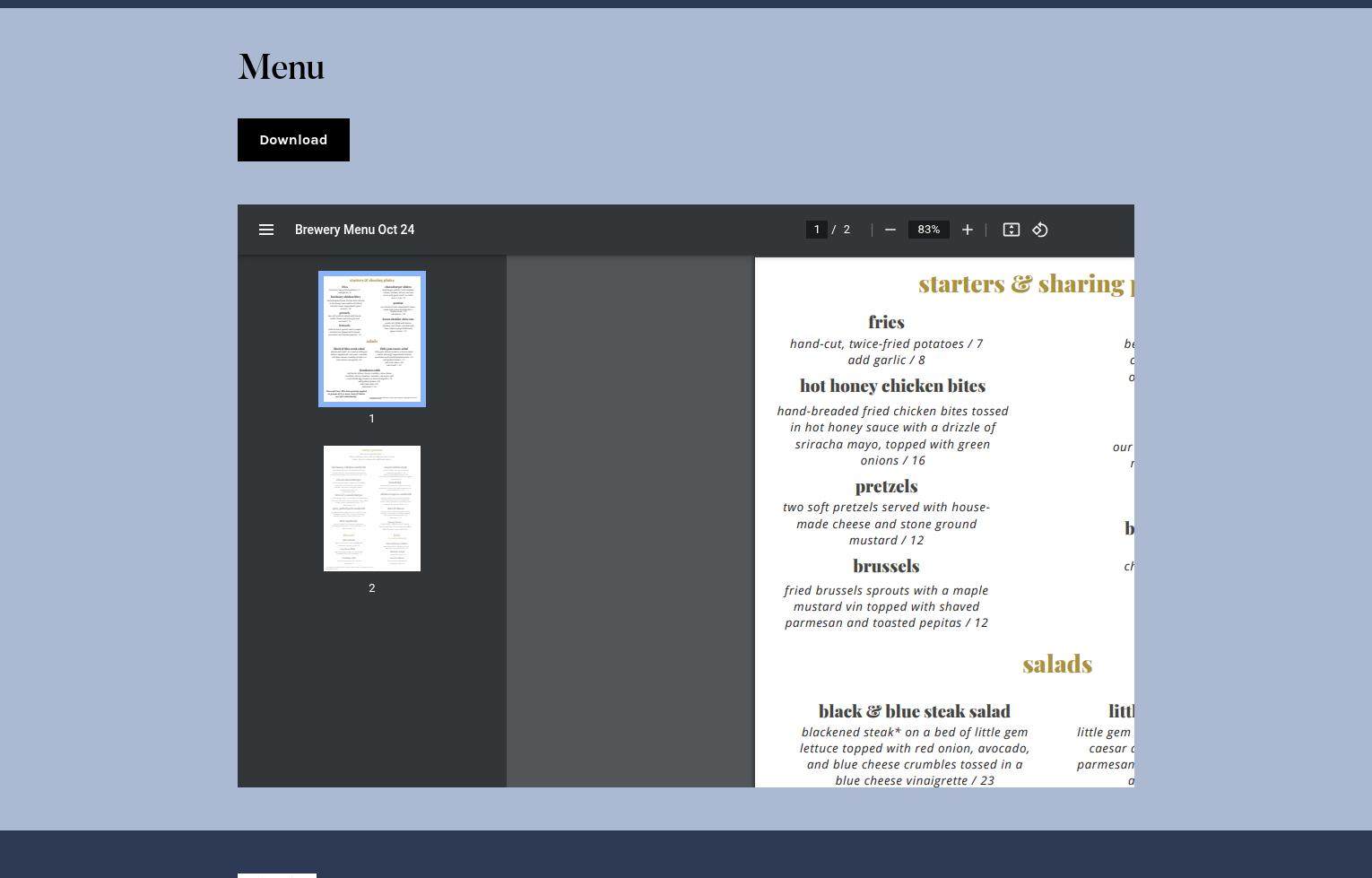 Spada Farmhouse Brewery Menu