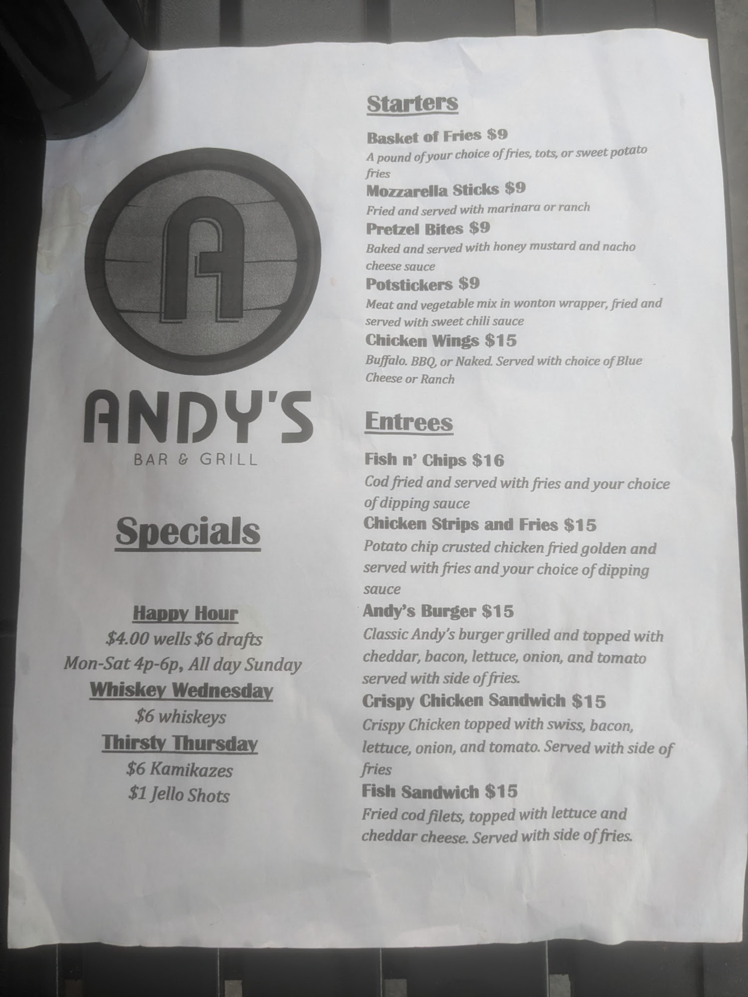 Andy's Bar & Grill Menu