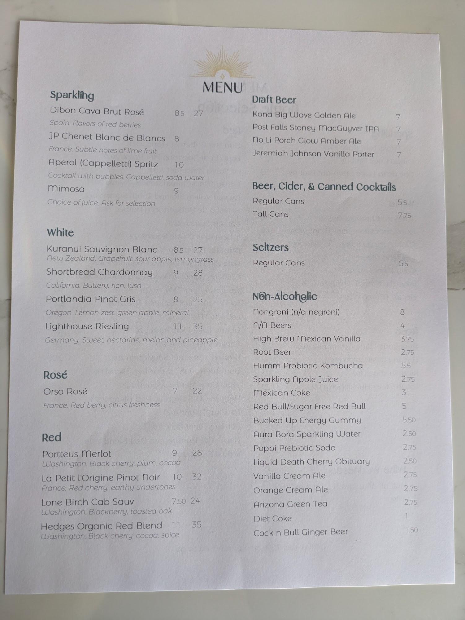 1919 Wine Cellar Menu