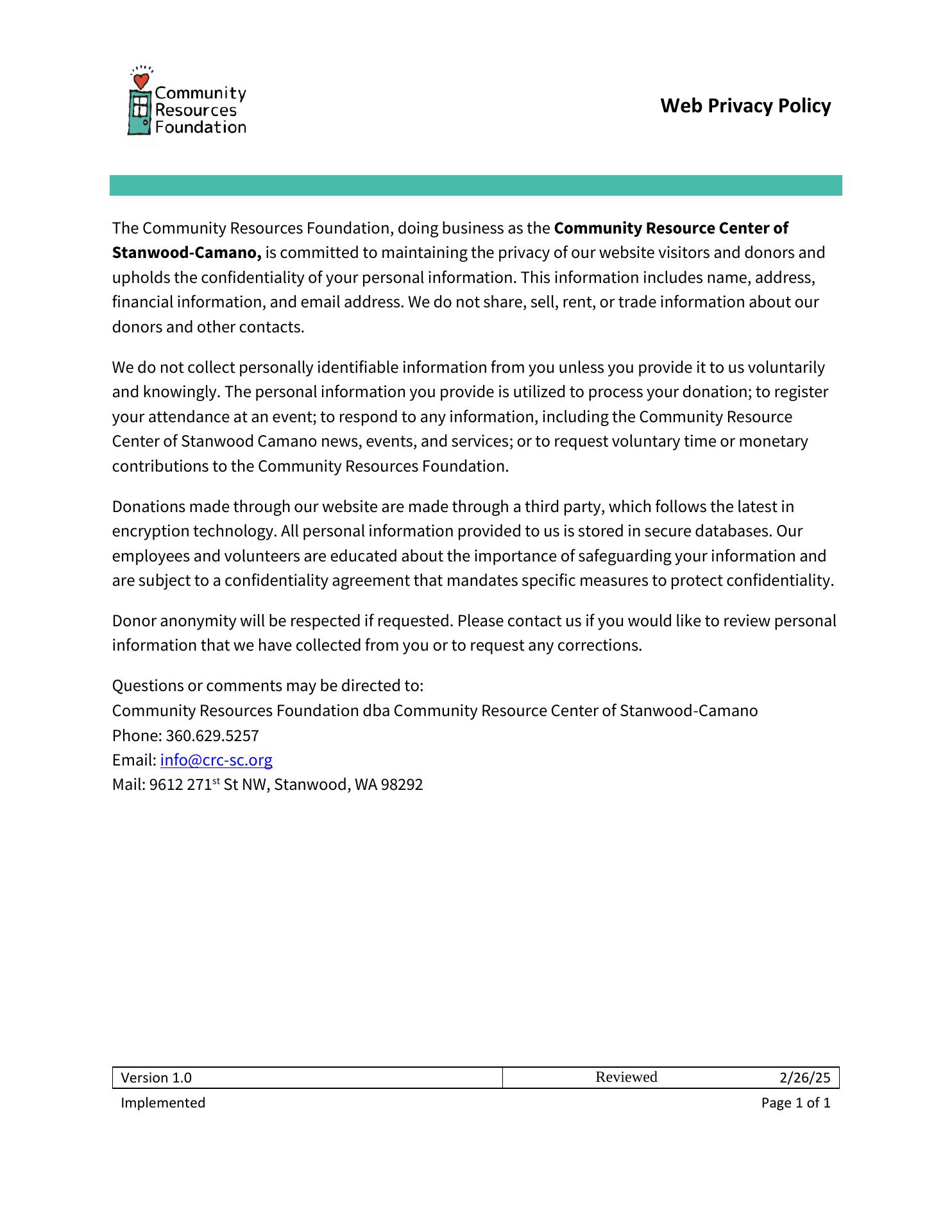 Community Resource Center of Stanwood Camano Menu