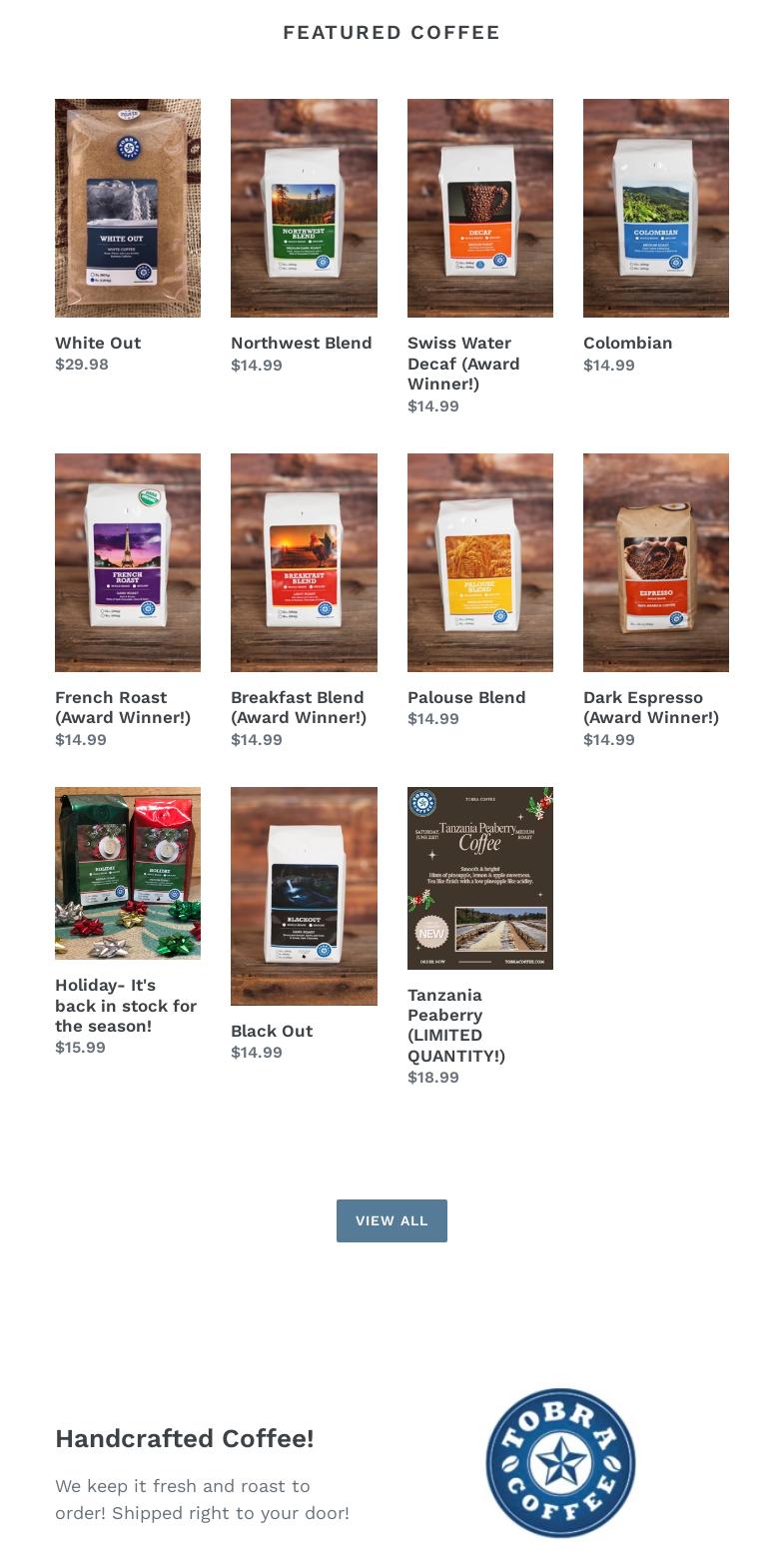 Tobra Coffee Roasters Menu