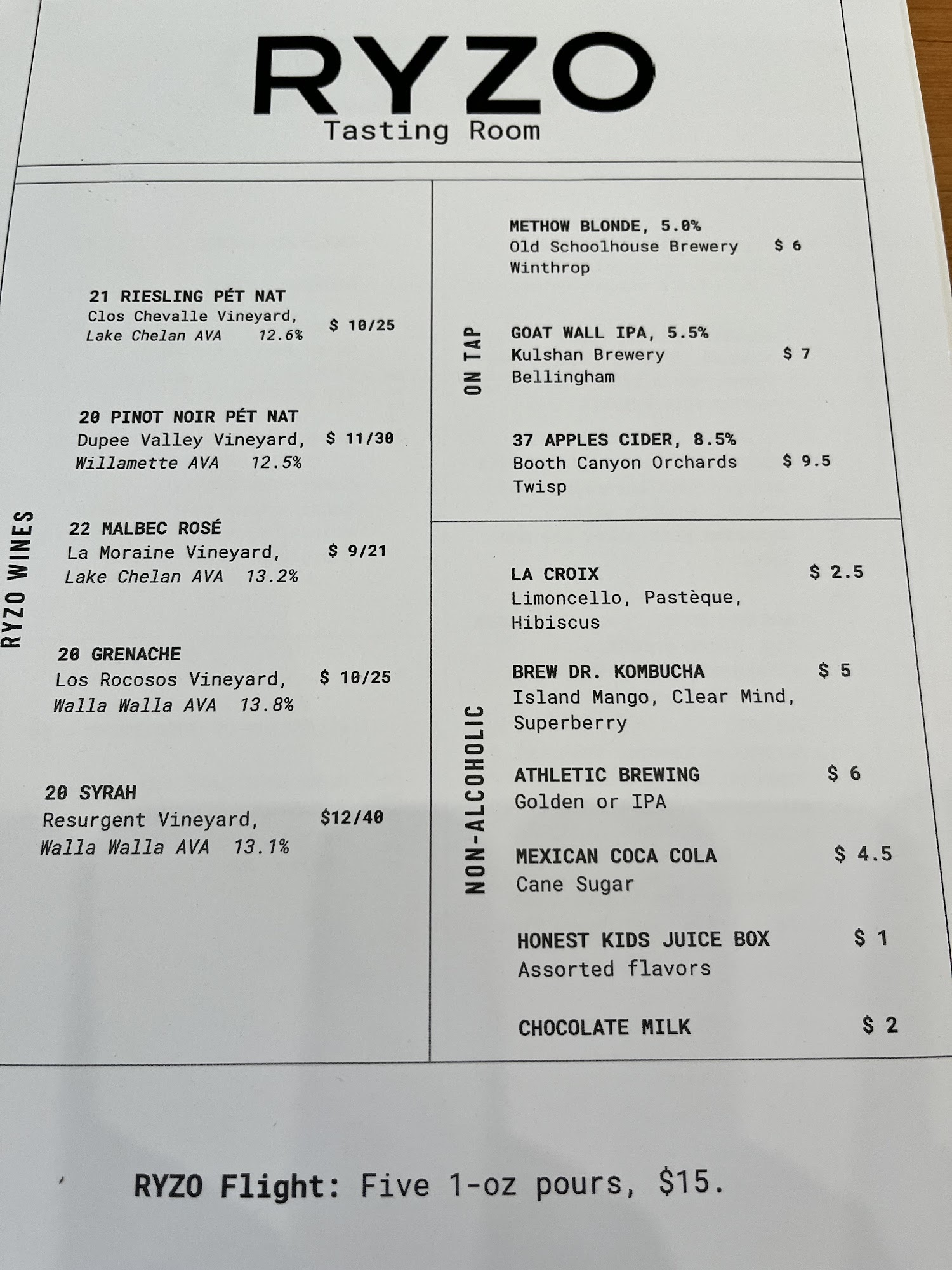 Ryzo Wines Tasting Room Menu